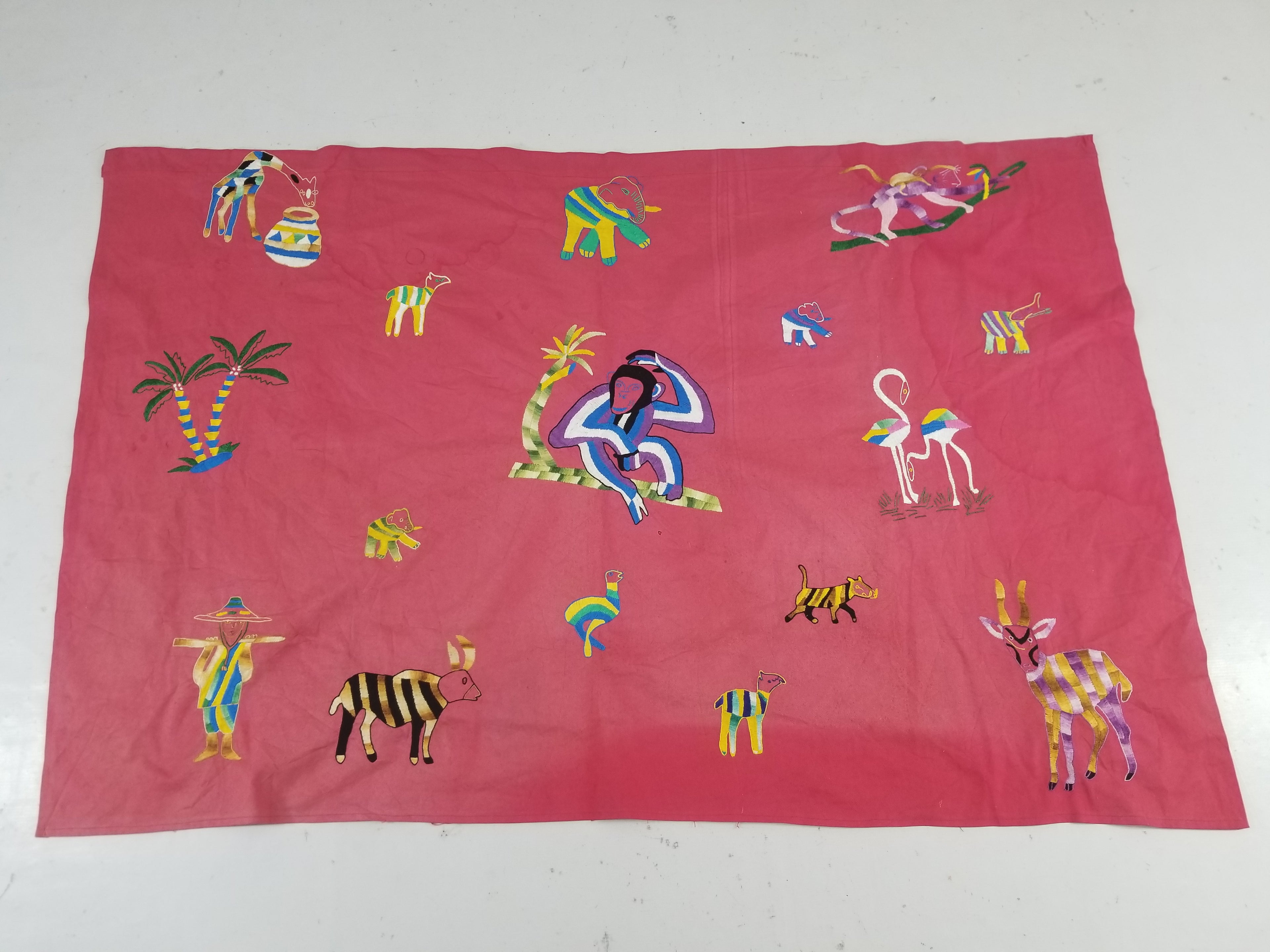 Vintage Traditional African Folk Embroidered Animals Motif Wall Hanging 149x97cm