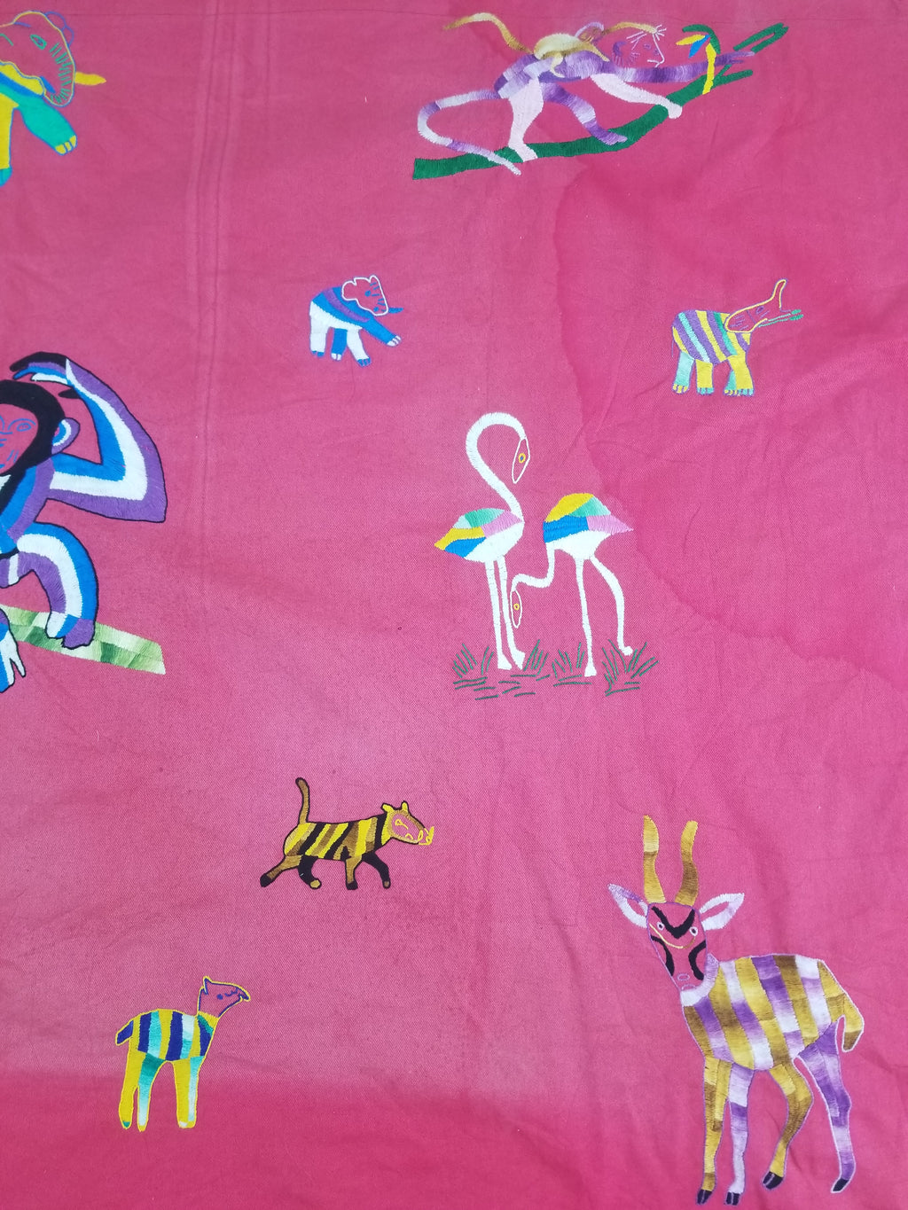 Vintage Traditional African Folk Embroidered Animals Motif Wall Hanging 149x97cm