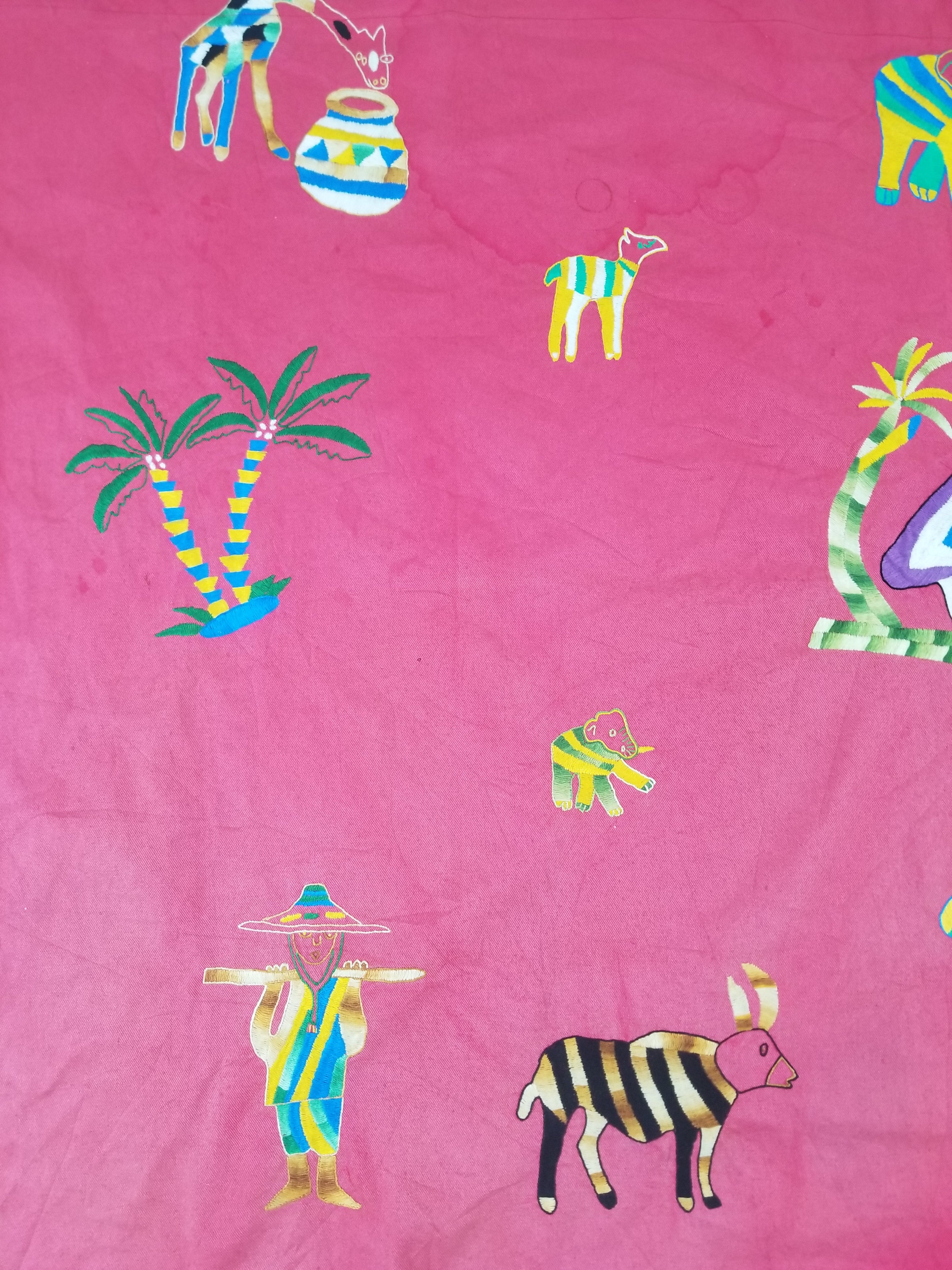 Vintage Traditional African Folk Embroidered Animals Motif Wall Hanging 149x97cm
