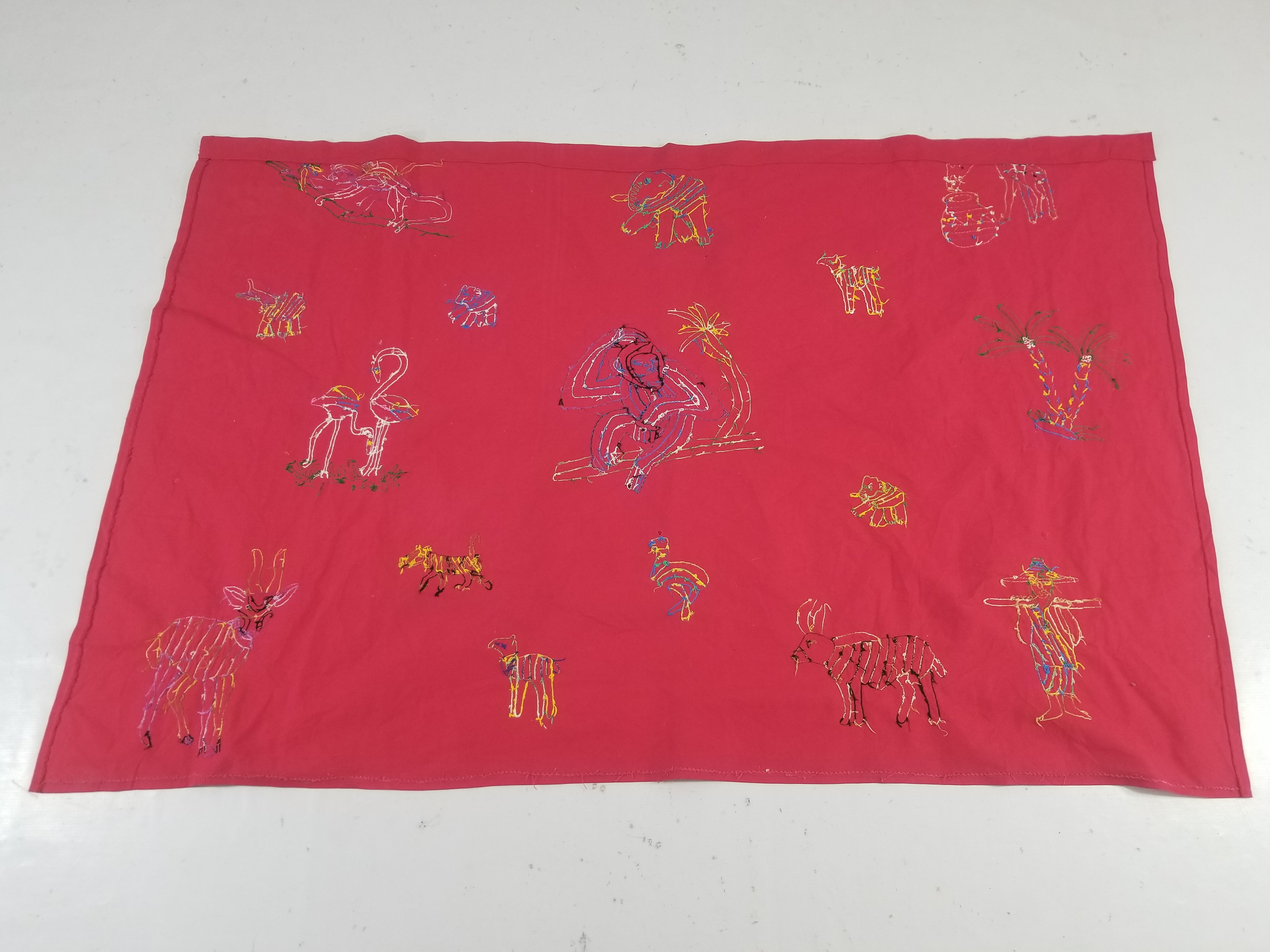 Vintage Traditional African Folk Embroidered Animals Motif Wall Hanging 149x97cm