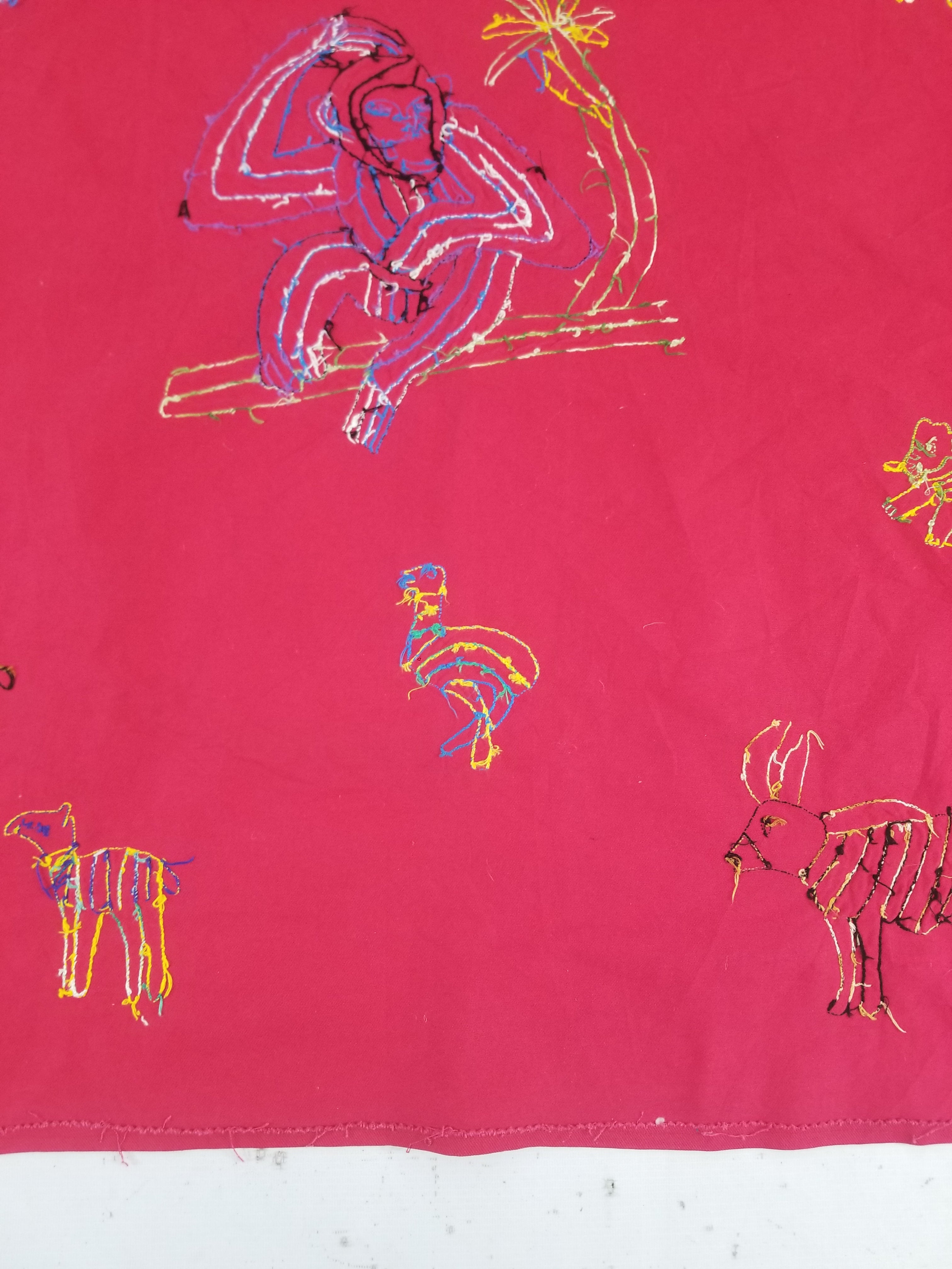 Vintage Traditional African Folk Embroidered Animals Motif Wall Hanging 149x97cm