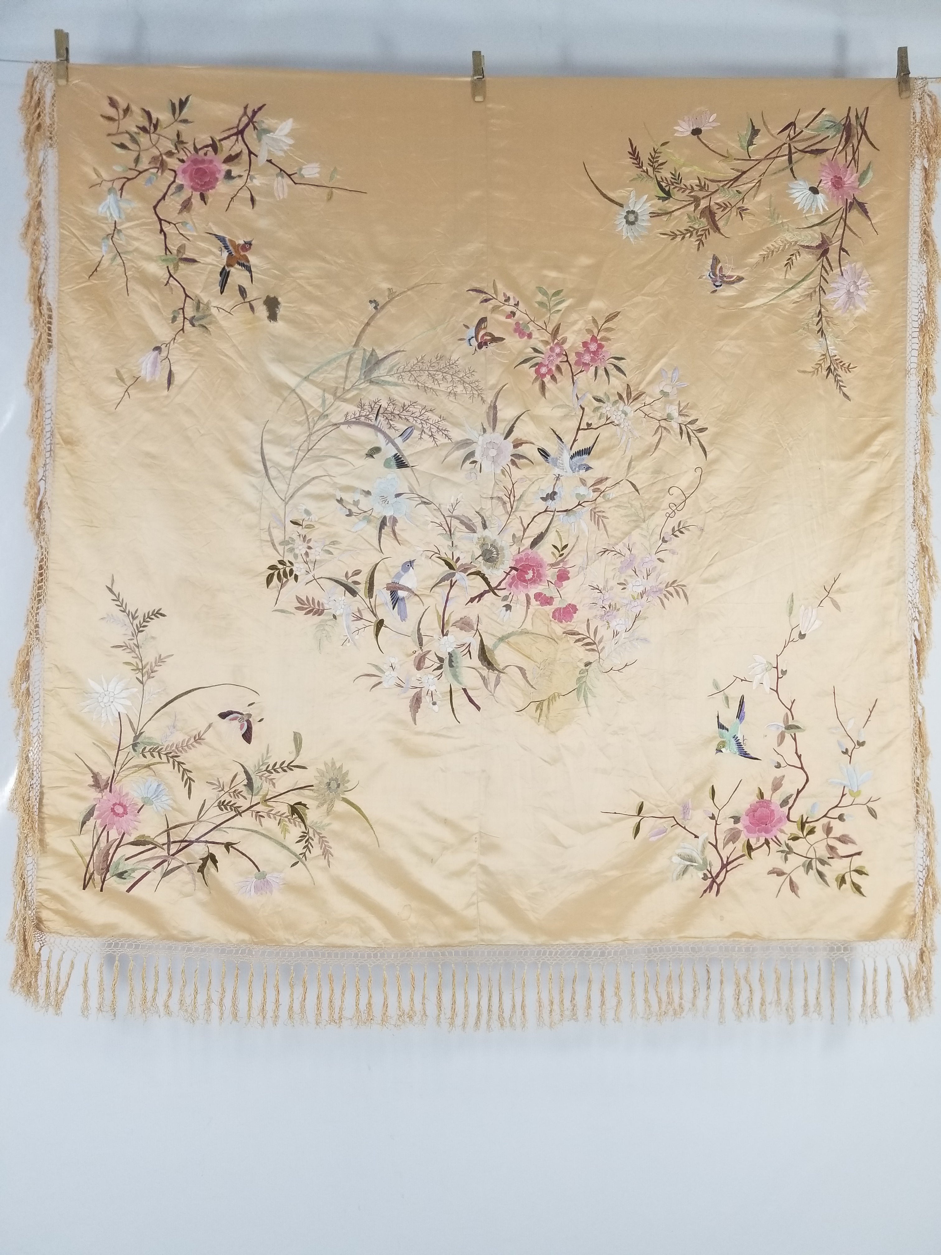Vintage Chinese Hand Embroidered Floral & Bird Motif Silk Piano Shawl 125x123cm