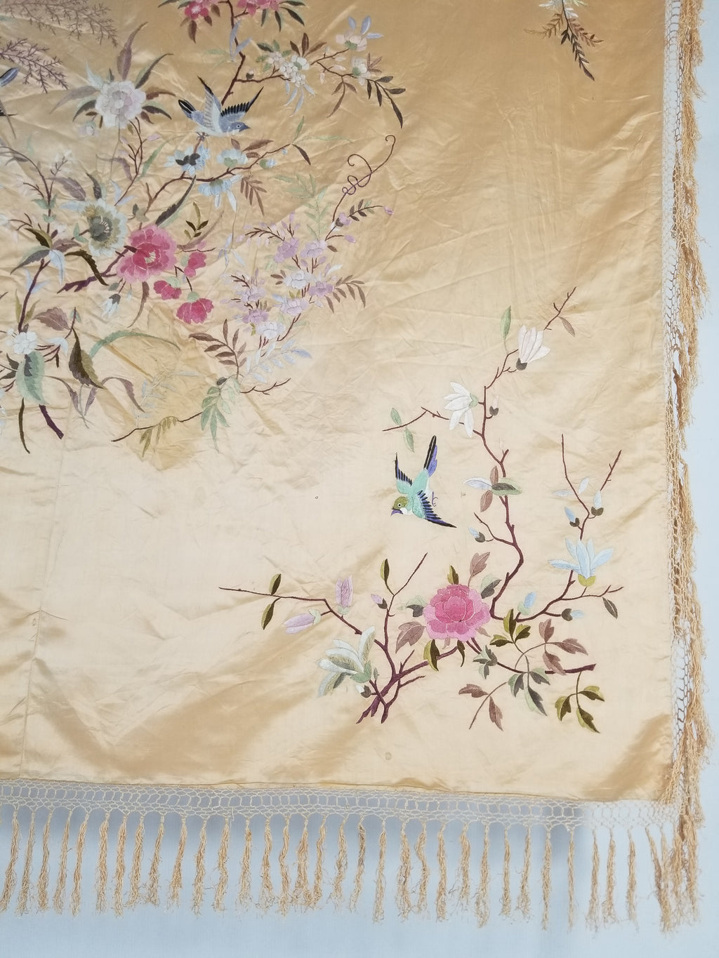 Vintage Chinese Hand Embroidered Floral & Bird Motif Silk Piano Shawl 125x123cm