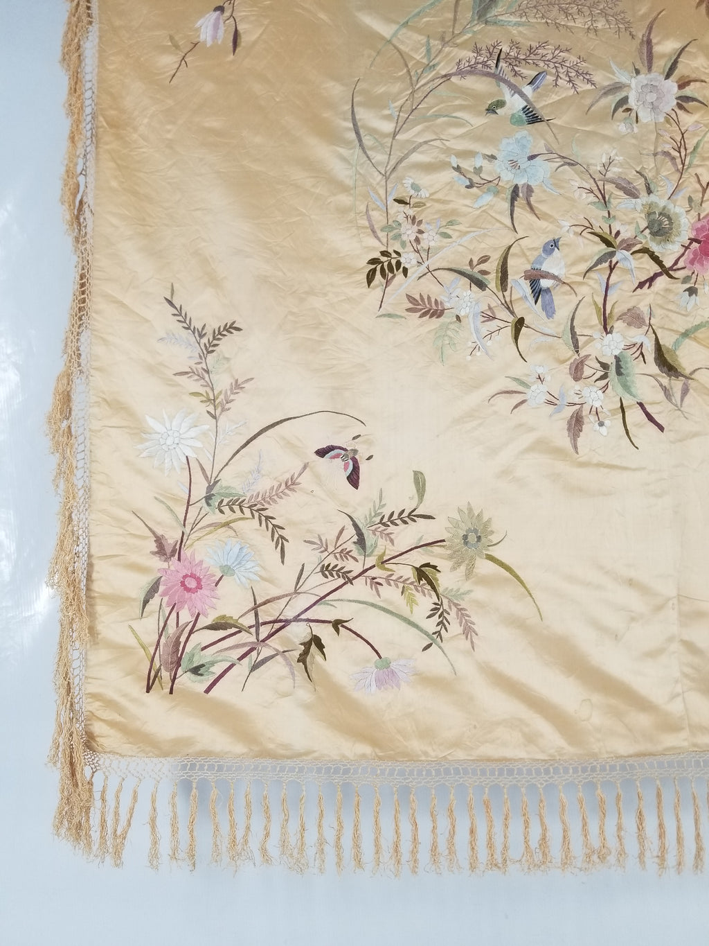 Vintage Chinese Hand Embroidered Floral & Bird Motif Silk Piano Shawl 125x123cm