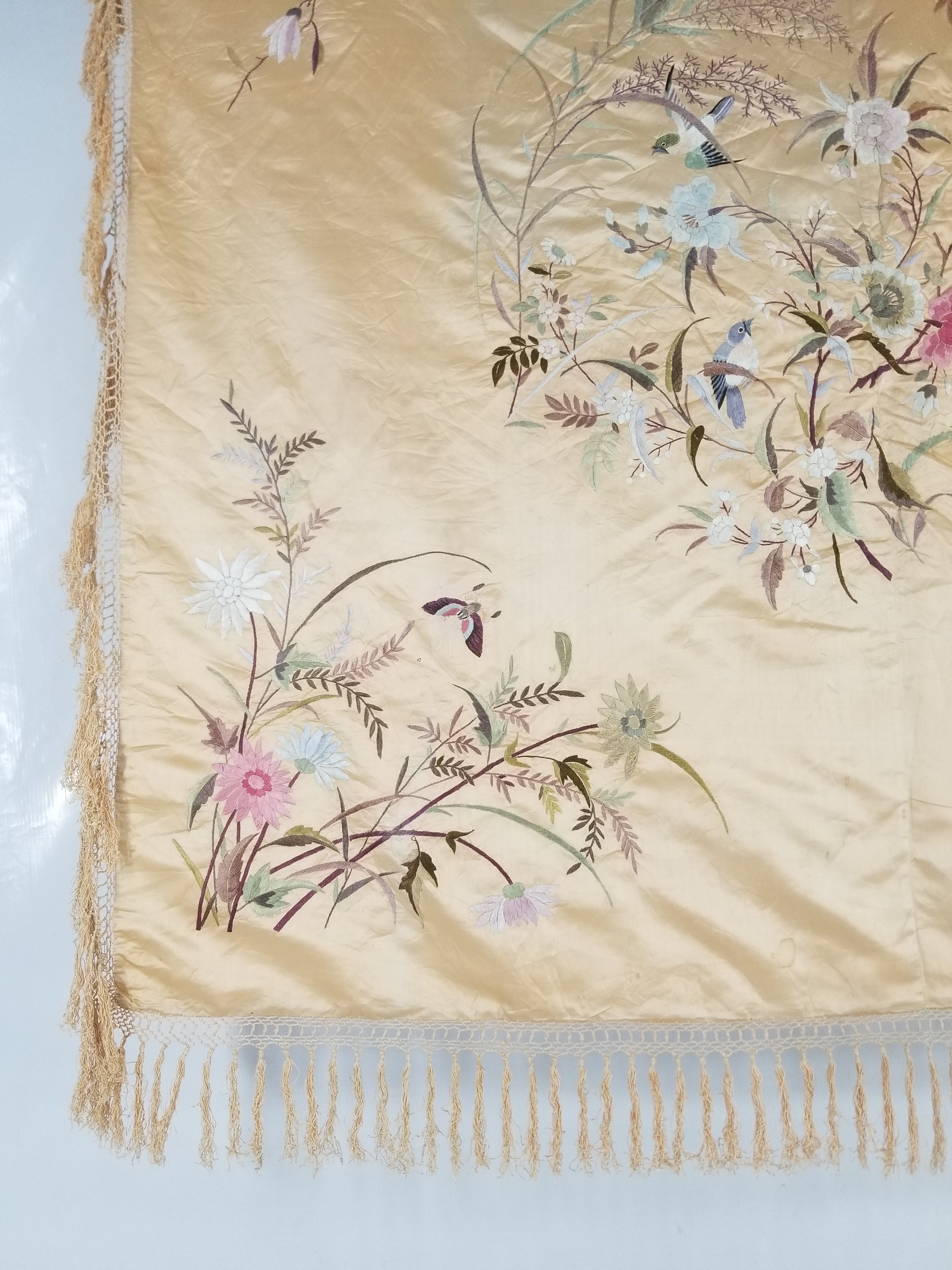 Vintage Chinese Hand Embroidered Floral & Bird Motif Silk Piano Shawl 125x123cm
