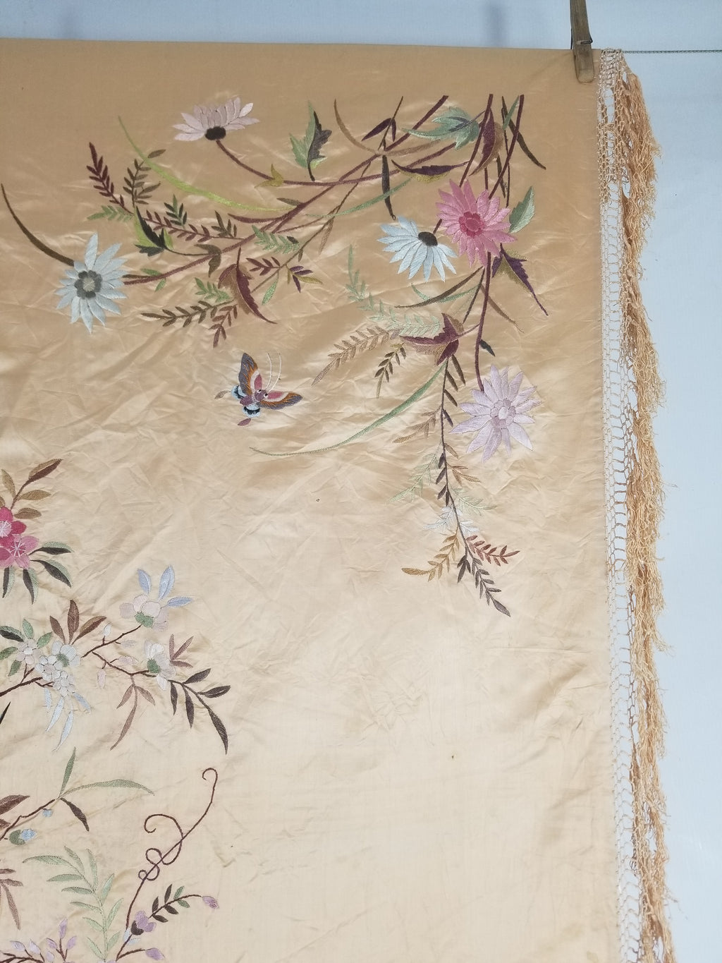 Vintage Chinese Hand Embroidered Floral & Bird Motif Silk Piano Shawl 125x123cm