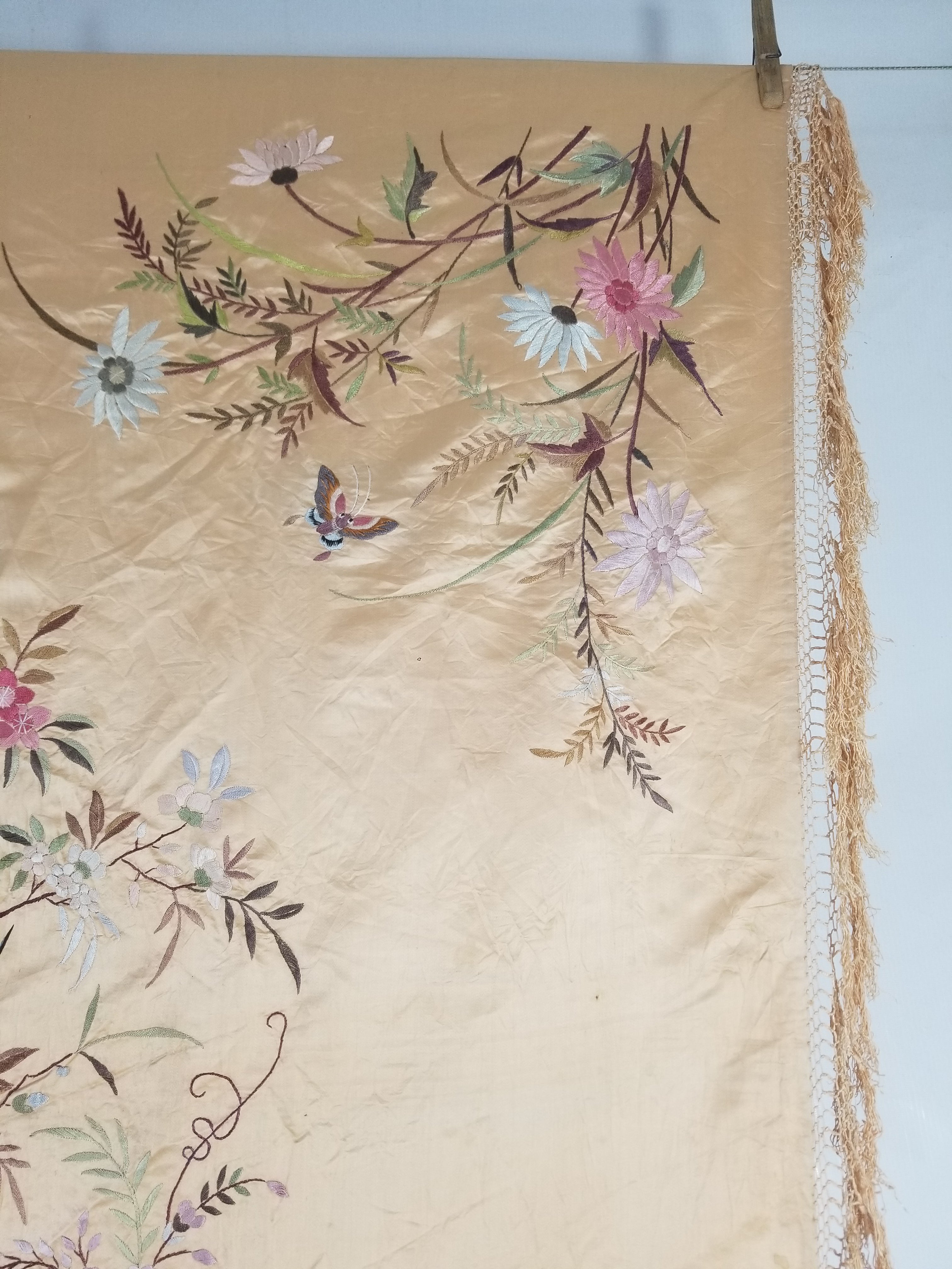 Vintage Chinese Hand Embroidered Floral & Bird Motif Silk Piano Shawl 125x123cm