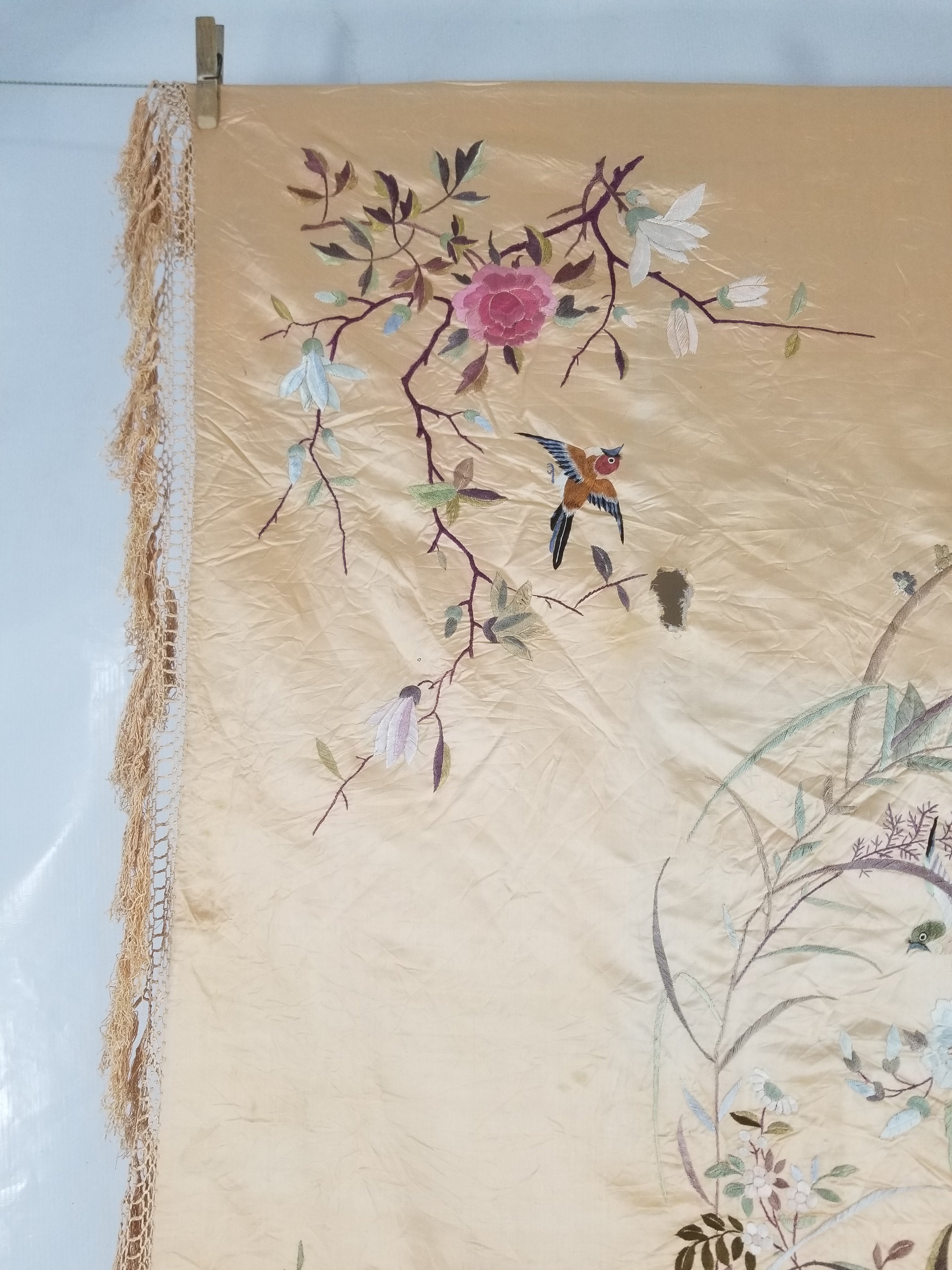 Vintage Chinese Hand Embroidered Floral & Bird Motif Silk Piano Shawl 125x123cm