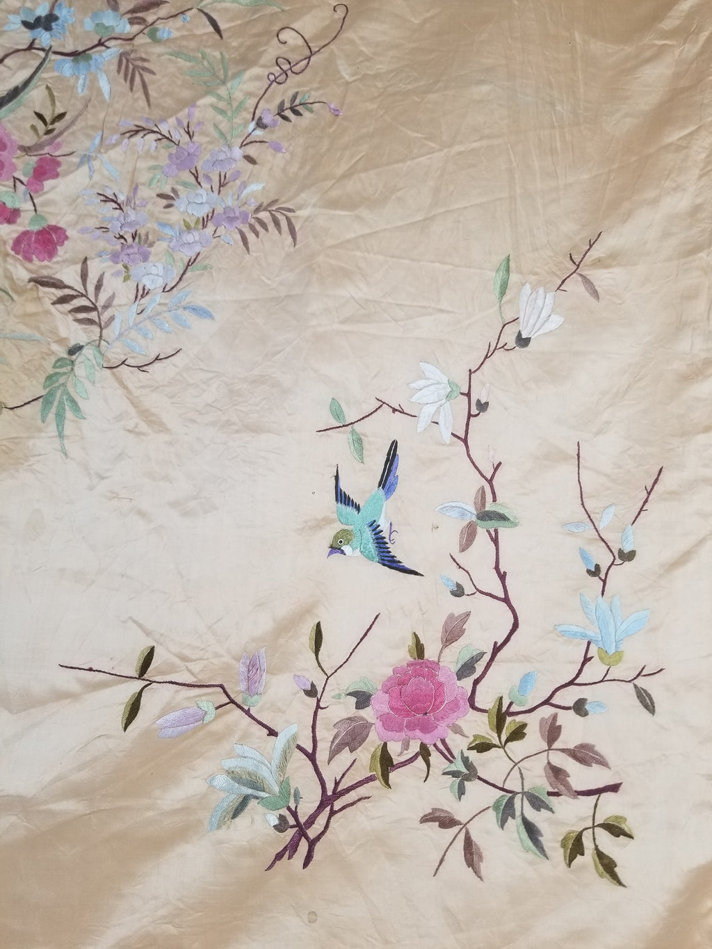 Vintage Chinese Hand Embroidered Floral & Bird Motif Silk Piano Shawl 125x123cm
