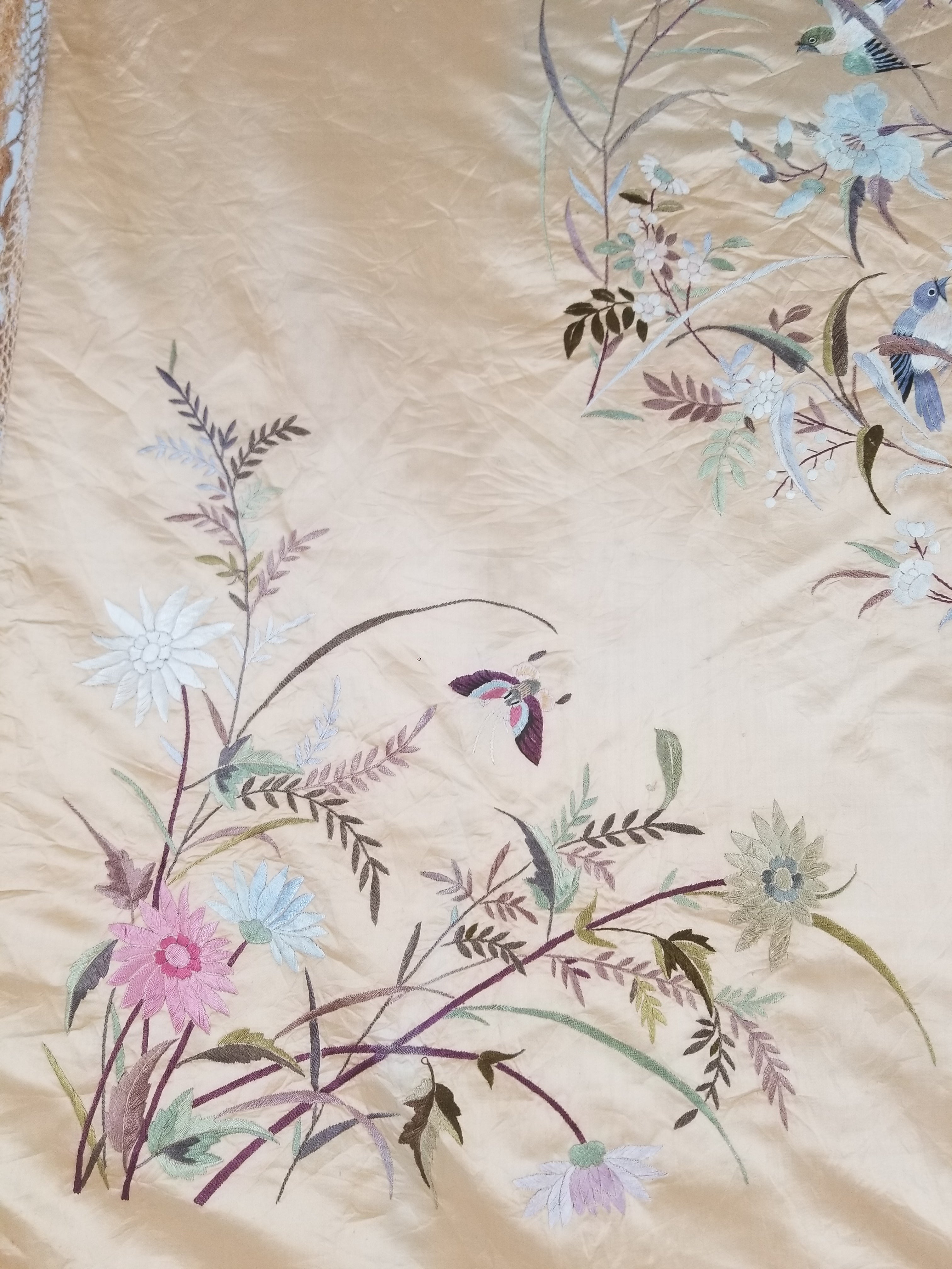 Vintage Chinese Hand Embroidered Floral & Bird Motif Silk Piano Shawl 125x123cm