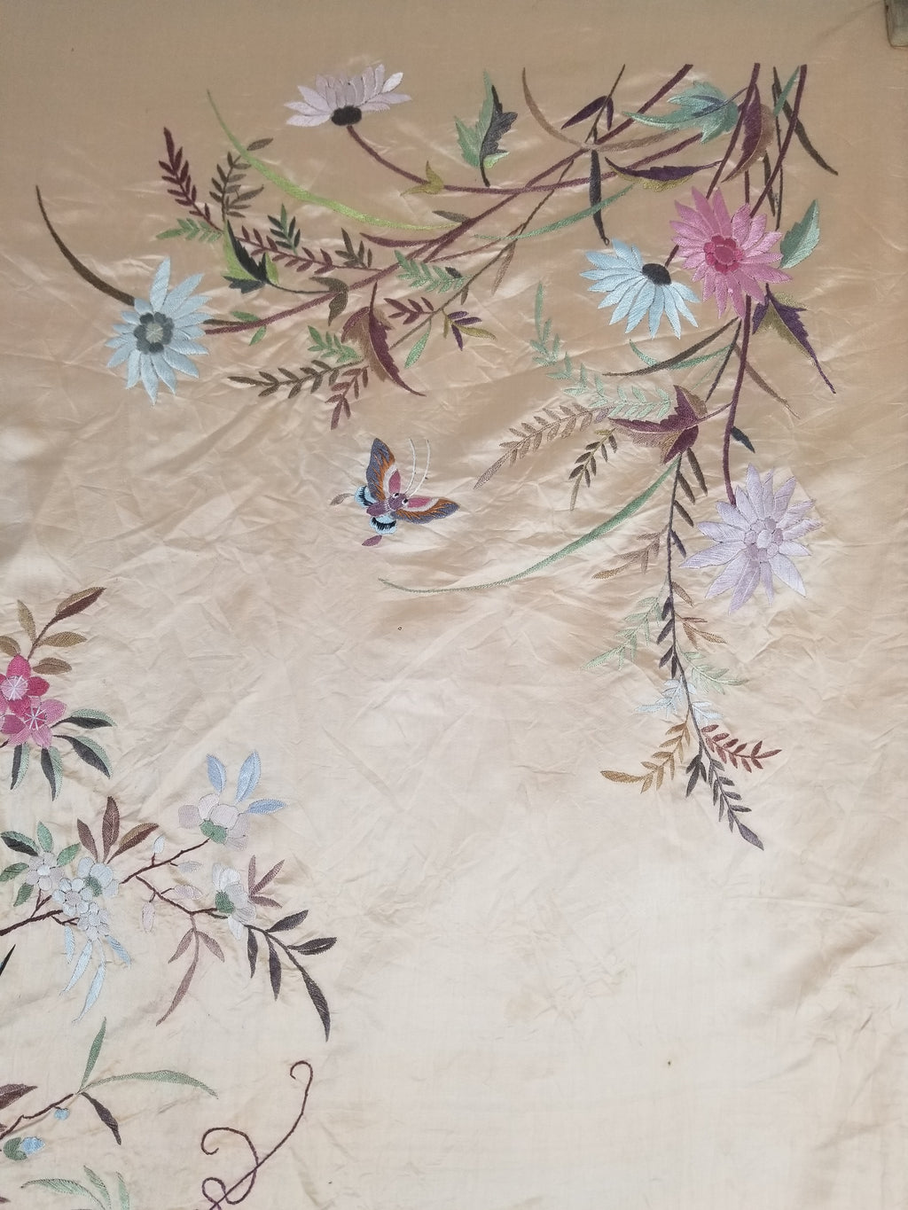 Vintage Chinese Hand Embroidered Floral & Bird Motif Silk Piano Shawl 125x123cm