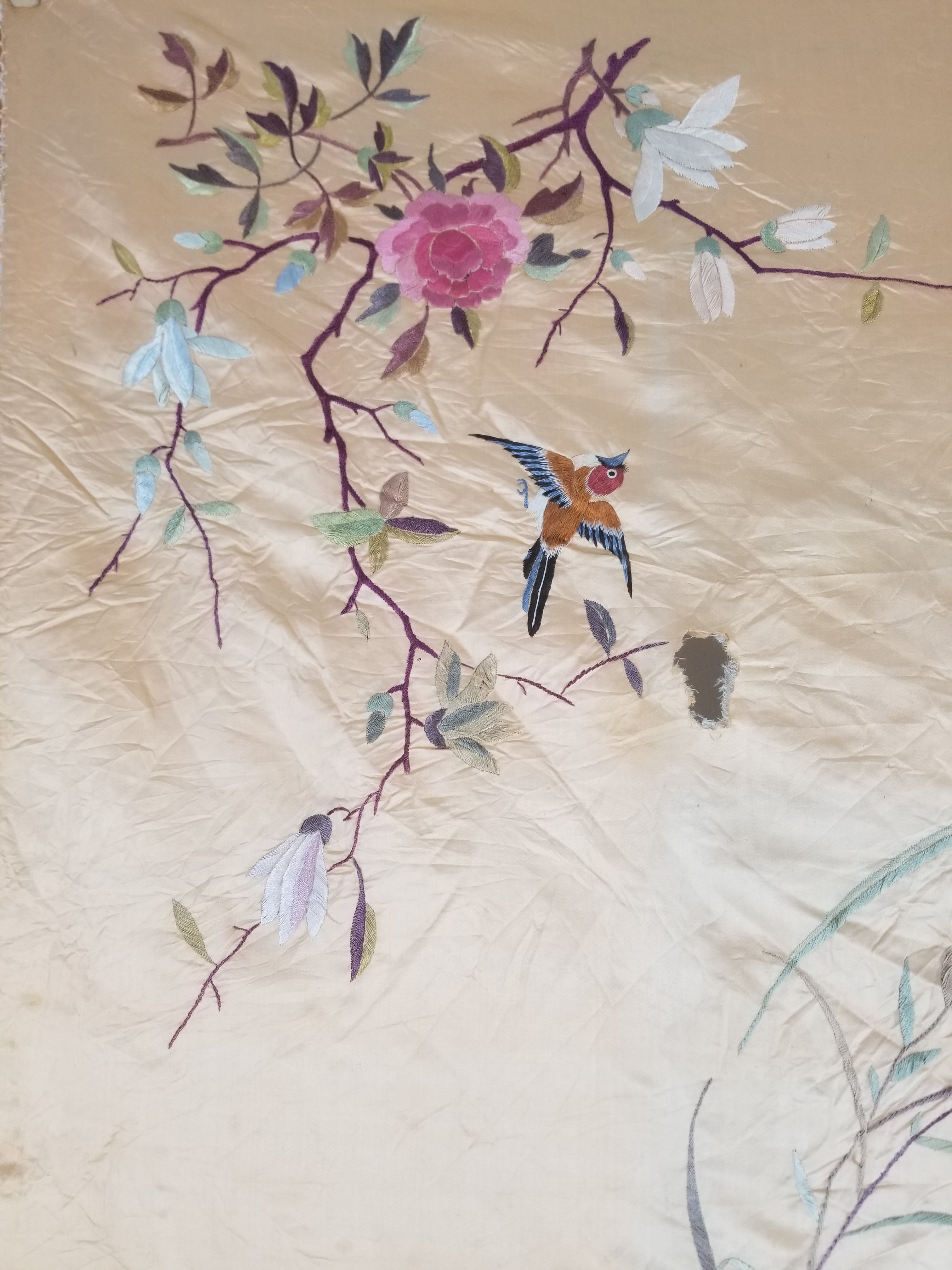 Vintage Chinese Hand Embroidered Floral & Bird Motif Silk Piano Shawl 125x123cm