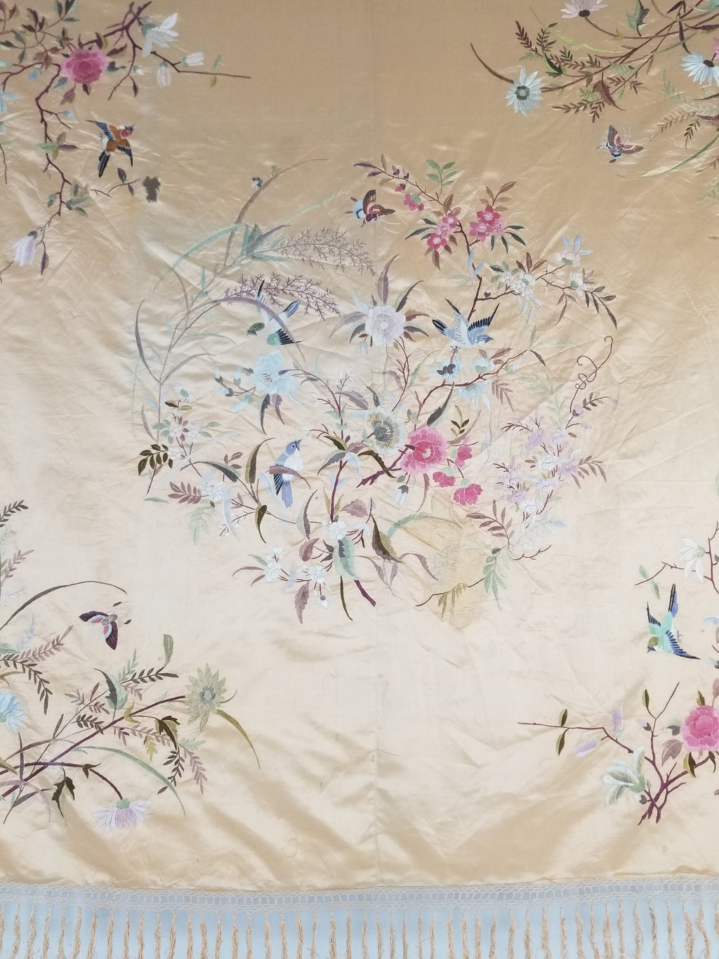 Vintage Chinese Hand Embroidered Floral & Bird Motif Silk Piano Shawl 125x123cm