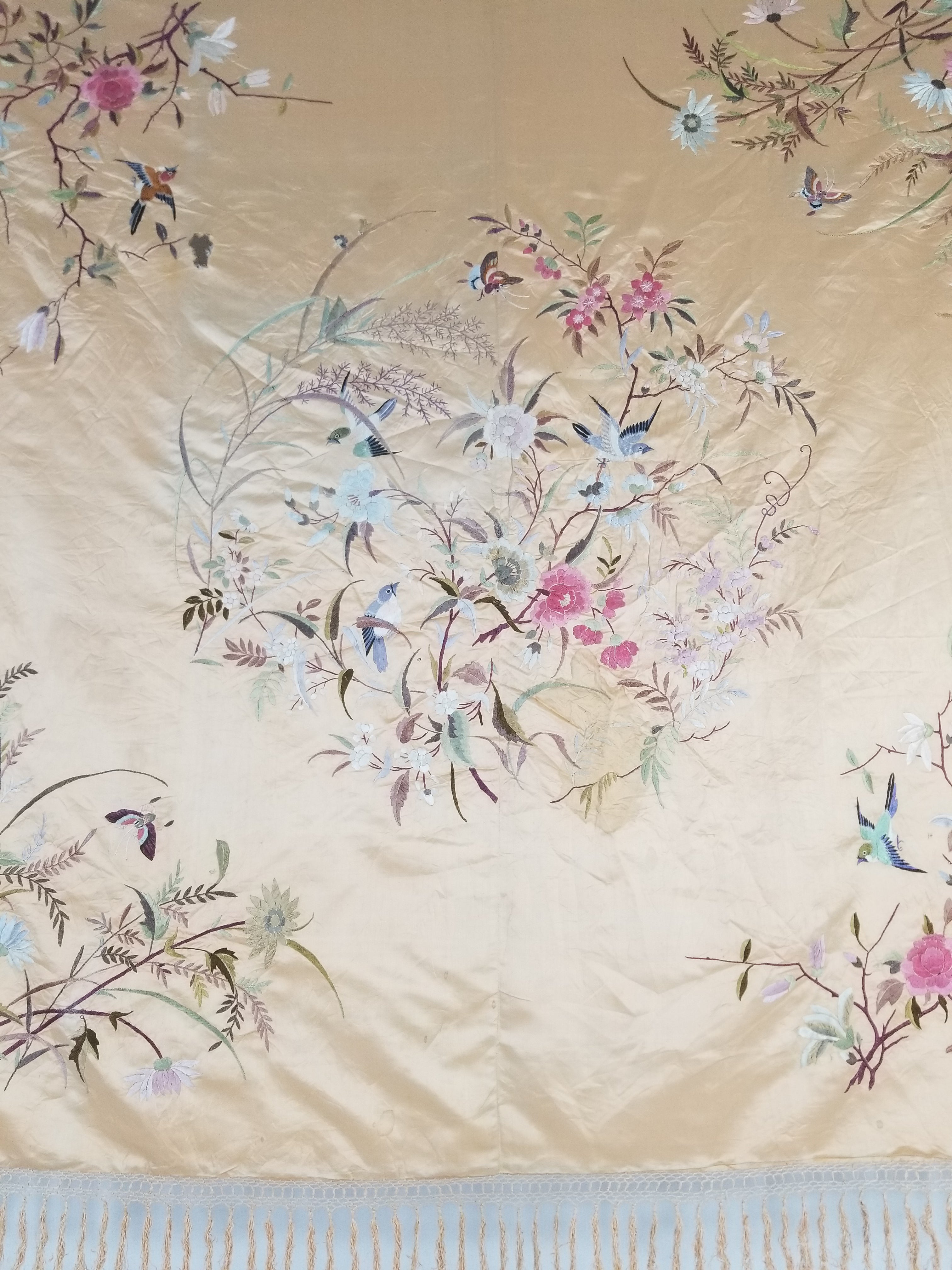 Vintage Chinese Hand Embroidered Floral & Bird Motif Silk Piano Shawl 125x123cm