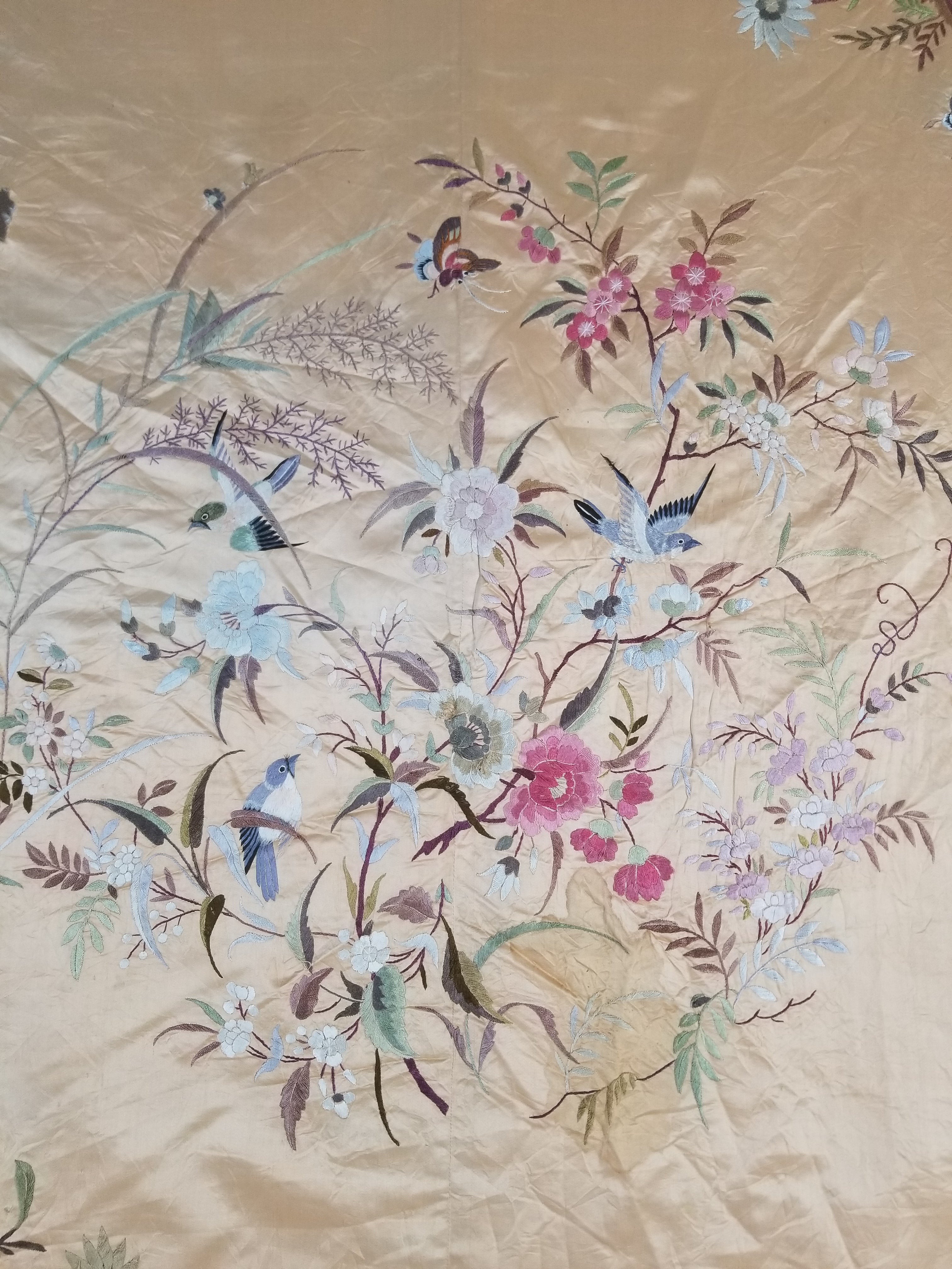 Vintage Chinese Hand Embroidered Floral & Bird Motif Silk Piano Shawl 125x123cm