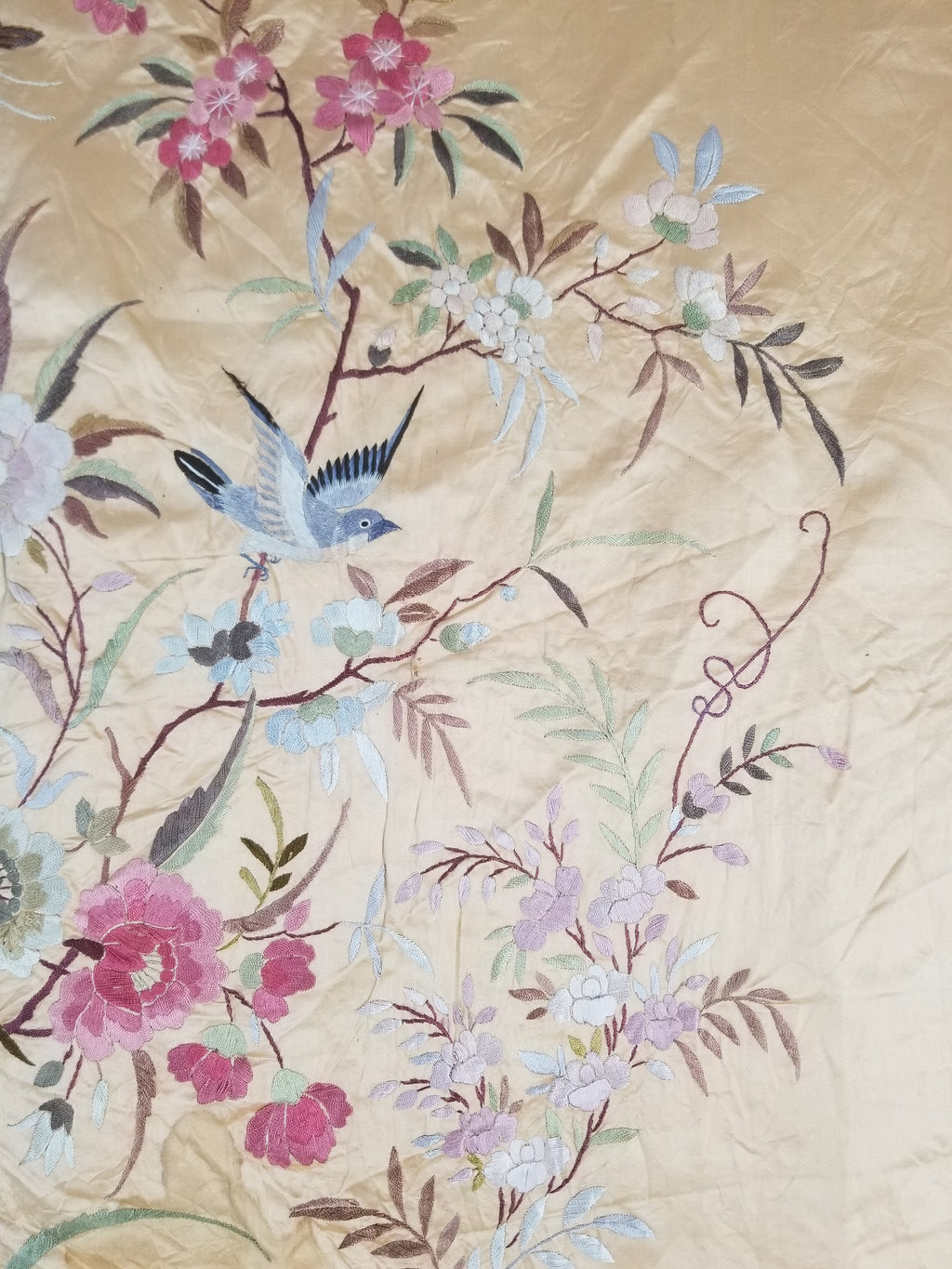 Vintage Chinese Hand Embroidered Floral & Bird Motif Silk Piano Shawl 125x123cm