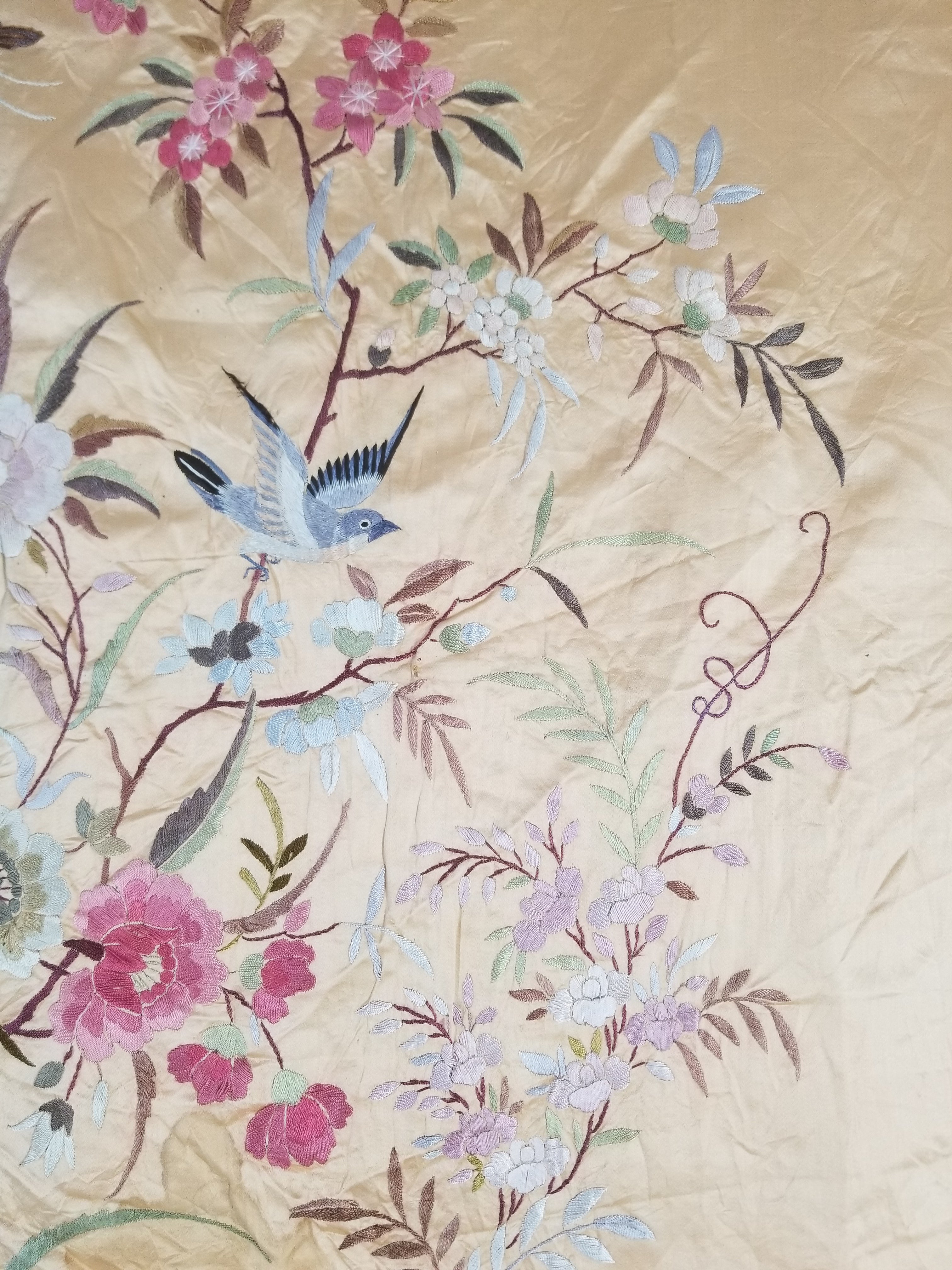 Vintage Chinese Hand Embroidered Floral & Bird Motif Silk Piano Shawl 125x123cm