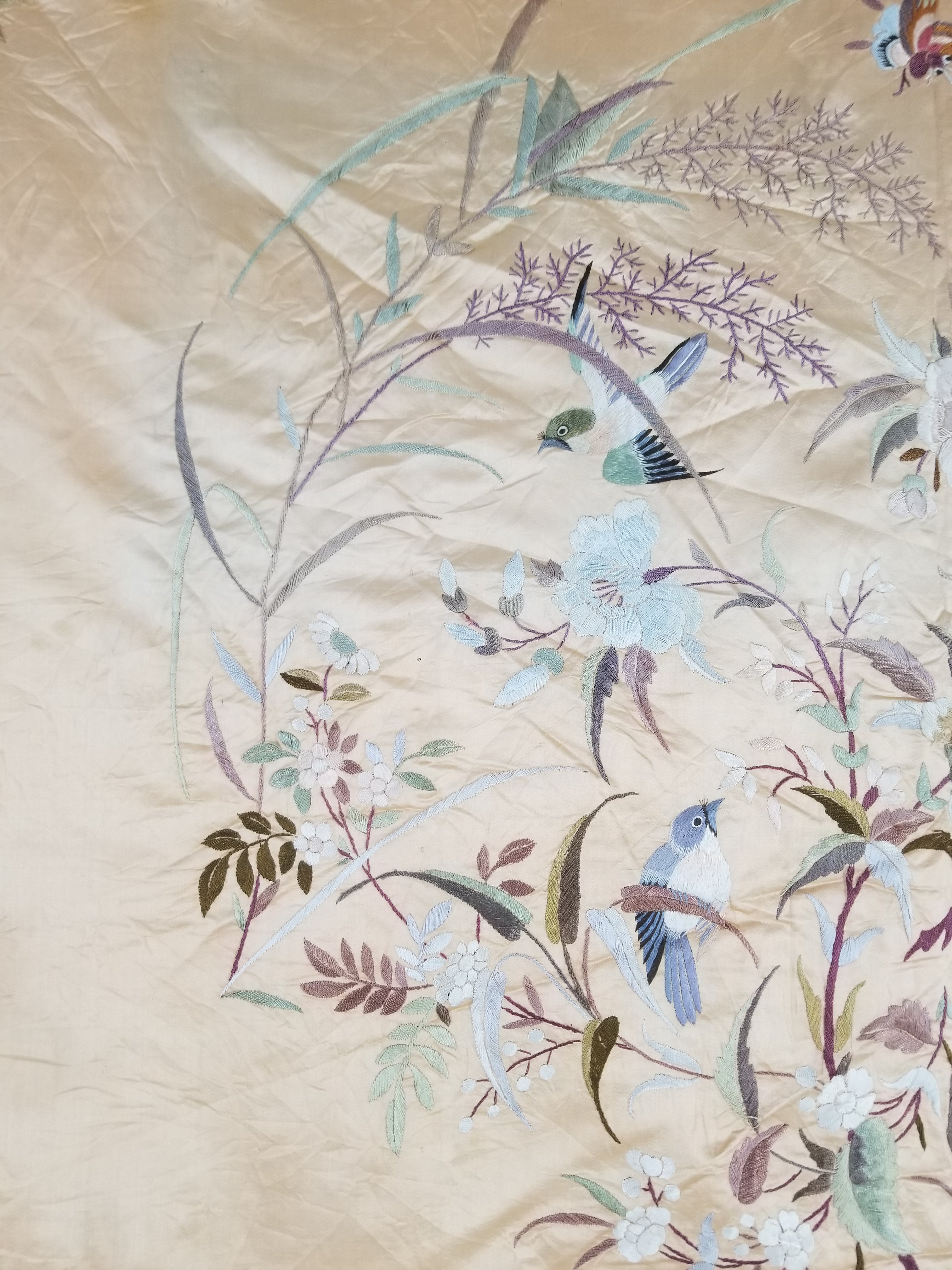 Vintage Chinese Hand Embroidered Floral & Bird Motif Silk Piano Shawl 125x123cm