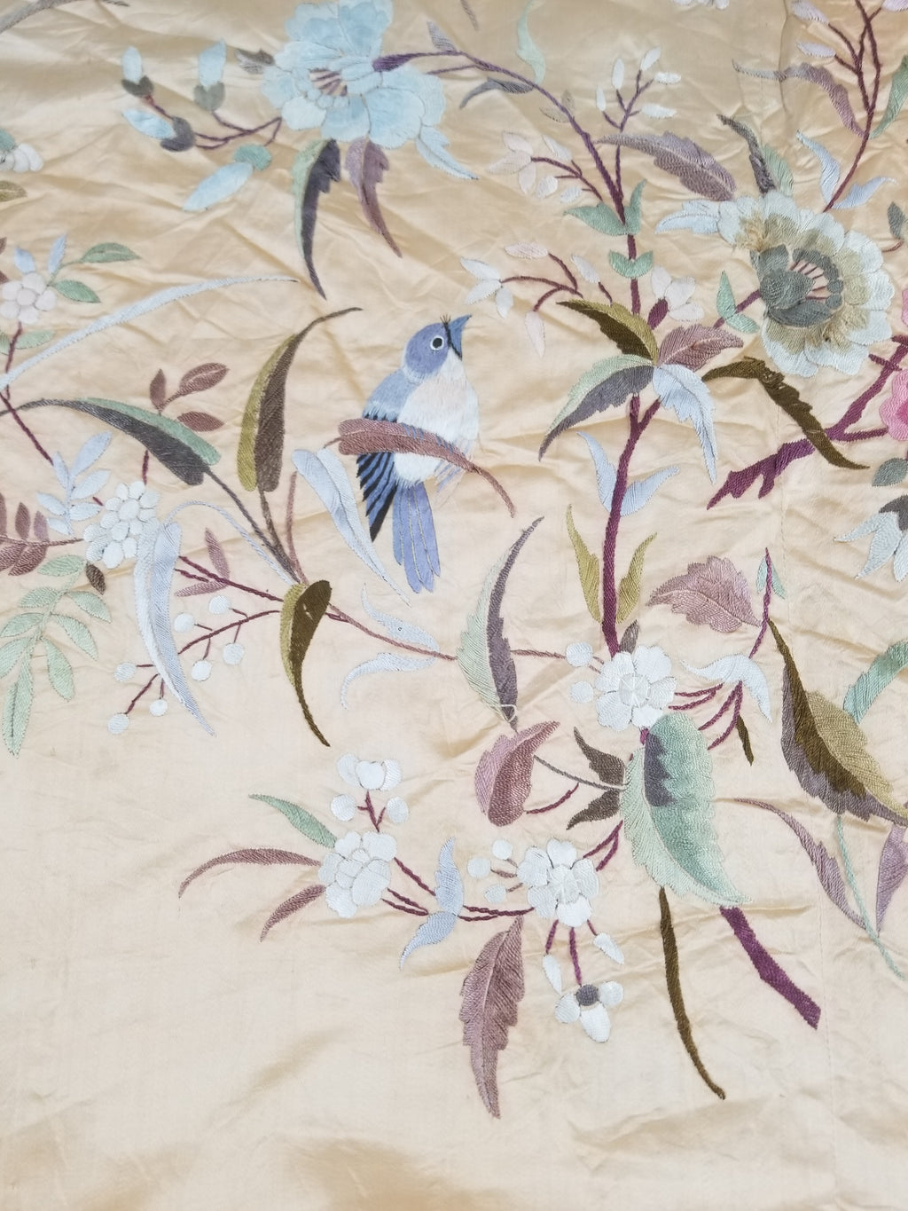 Vintage Chinese Hand Embroidered Floral & Bird Motif Silk Piano Shawl 125x123cm