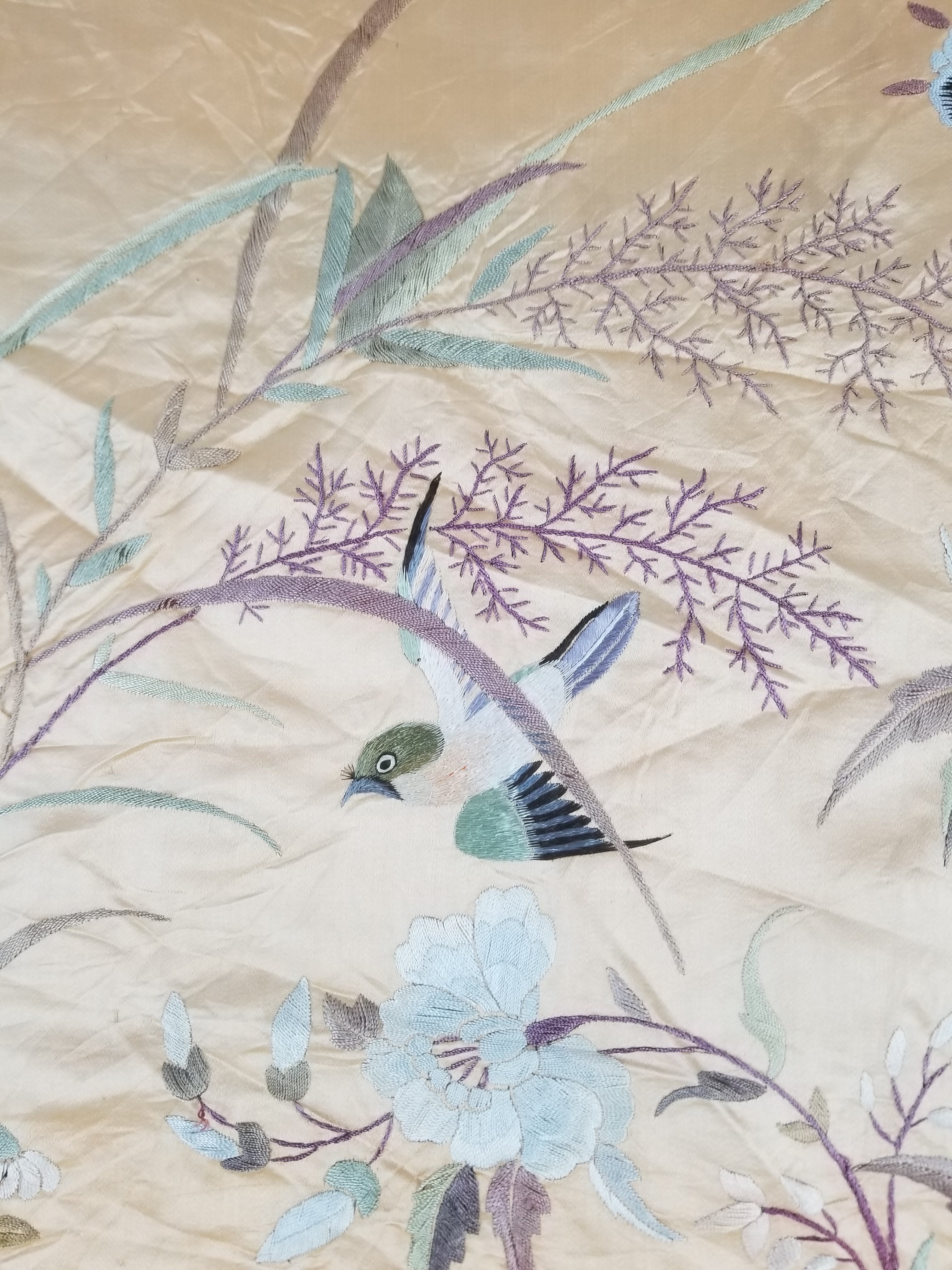 Vintage Chinese Hand Embroidered Floral & Bird Motif Silk Piano Shawl 125x123cm