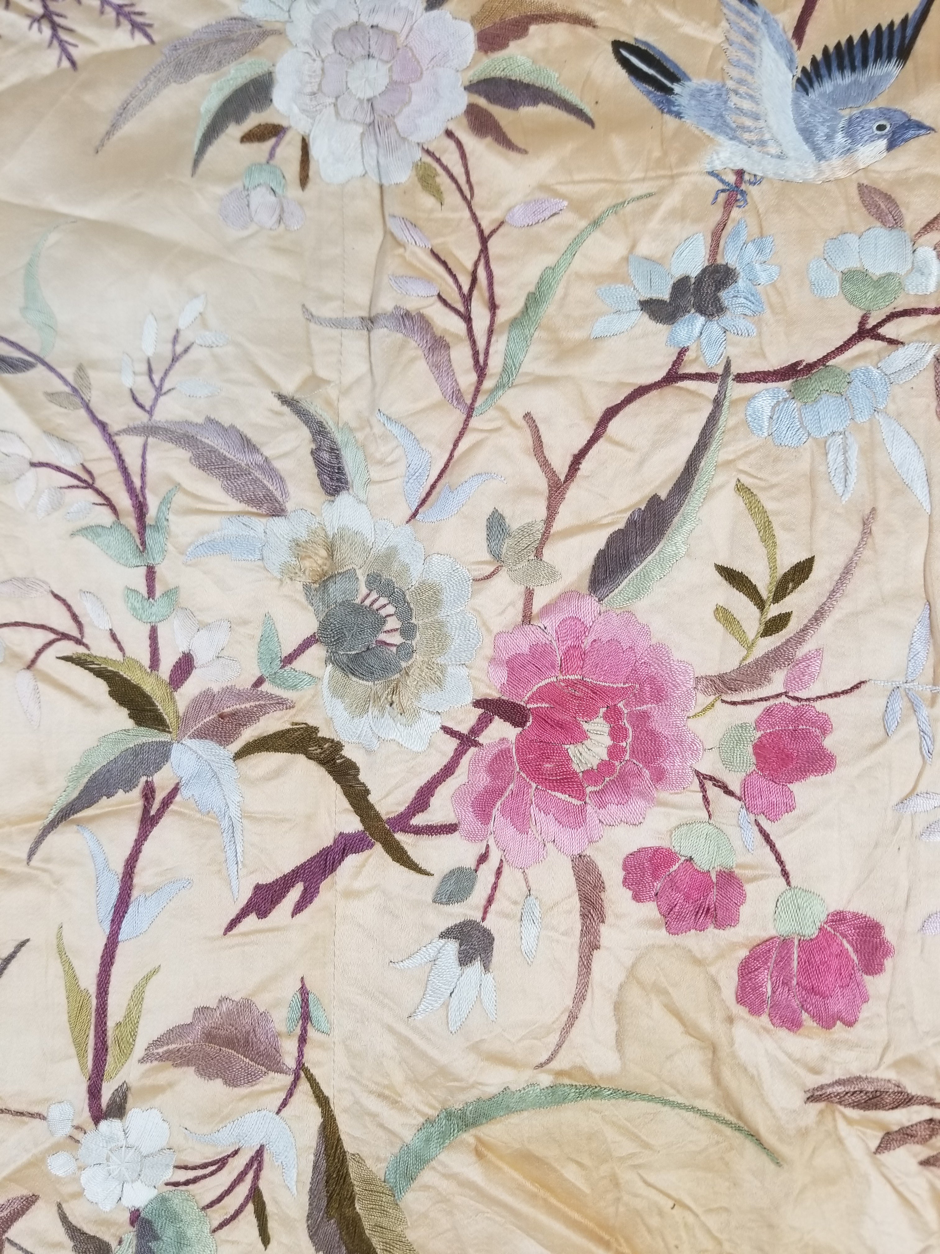 Vintage Chinese Hand Embroidered Floral & Bird Motif Silk Piano Shawl 125x123cm
