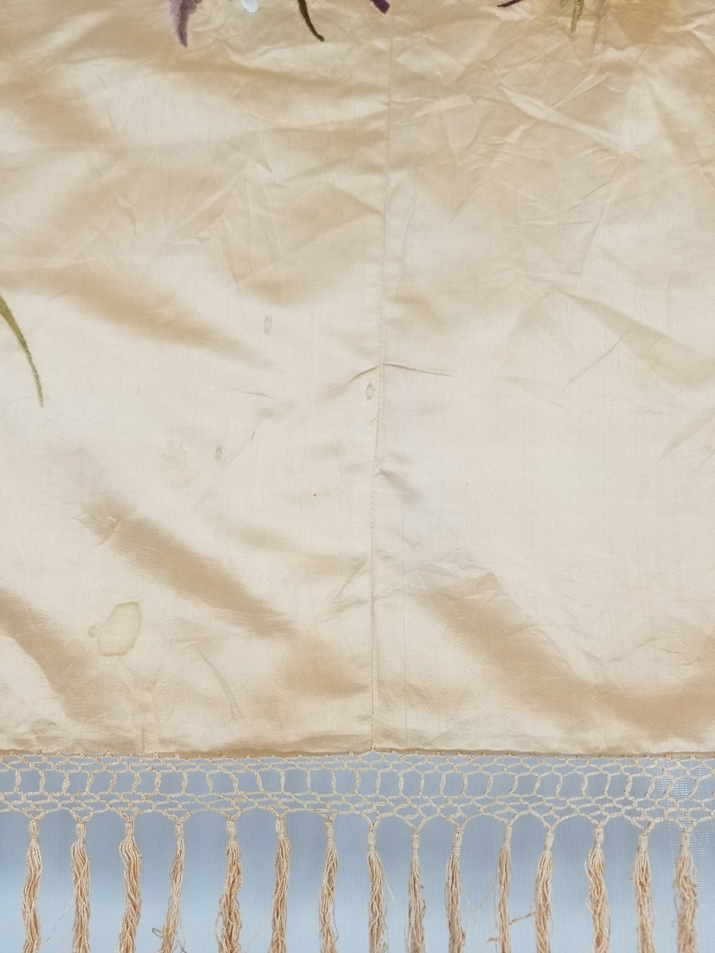 Vintage Chinese Hand Embroidered Floral & Bird Motif Silk Piano Shawl 125x123cm