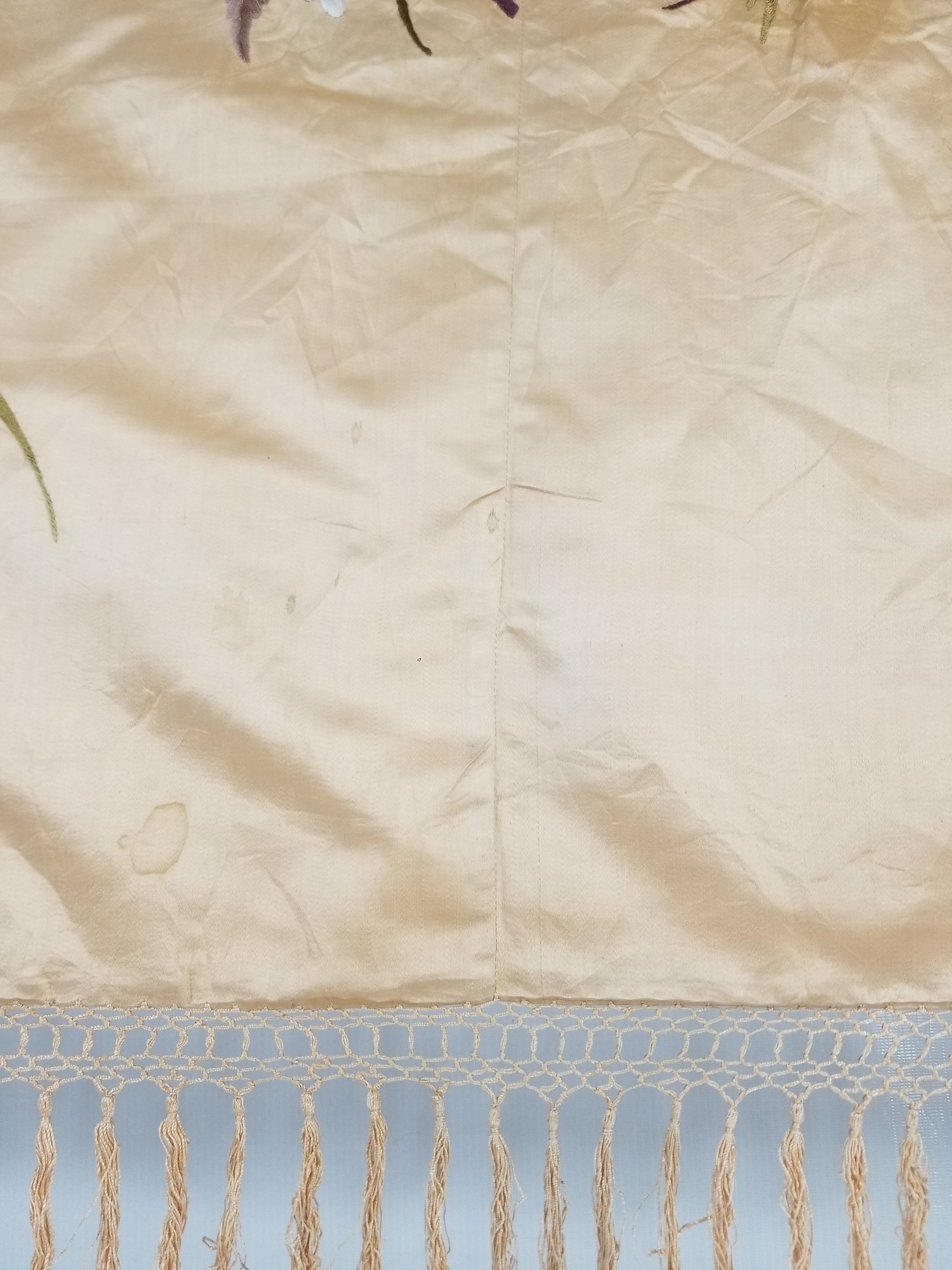 Vintage Chinese Hand Embroidered Floral & Bird Motif Silk Piano Shawl 125x123cm
