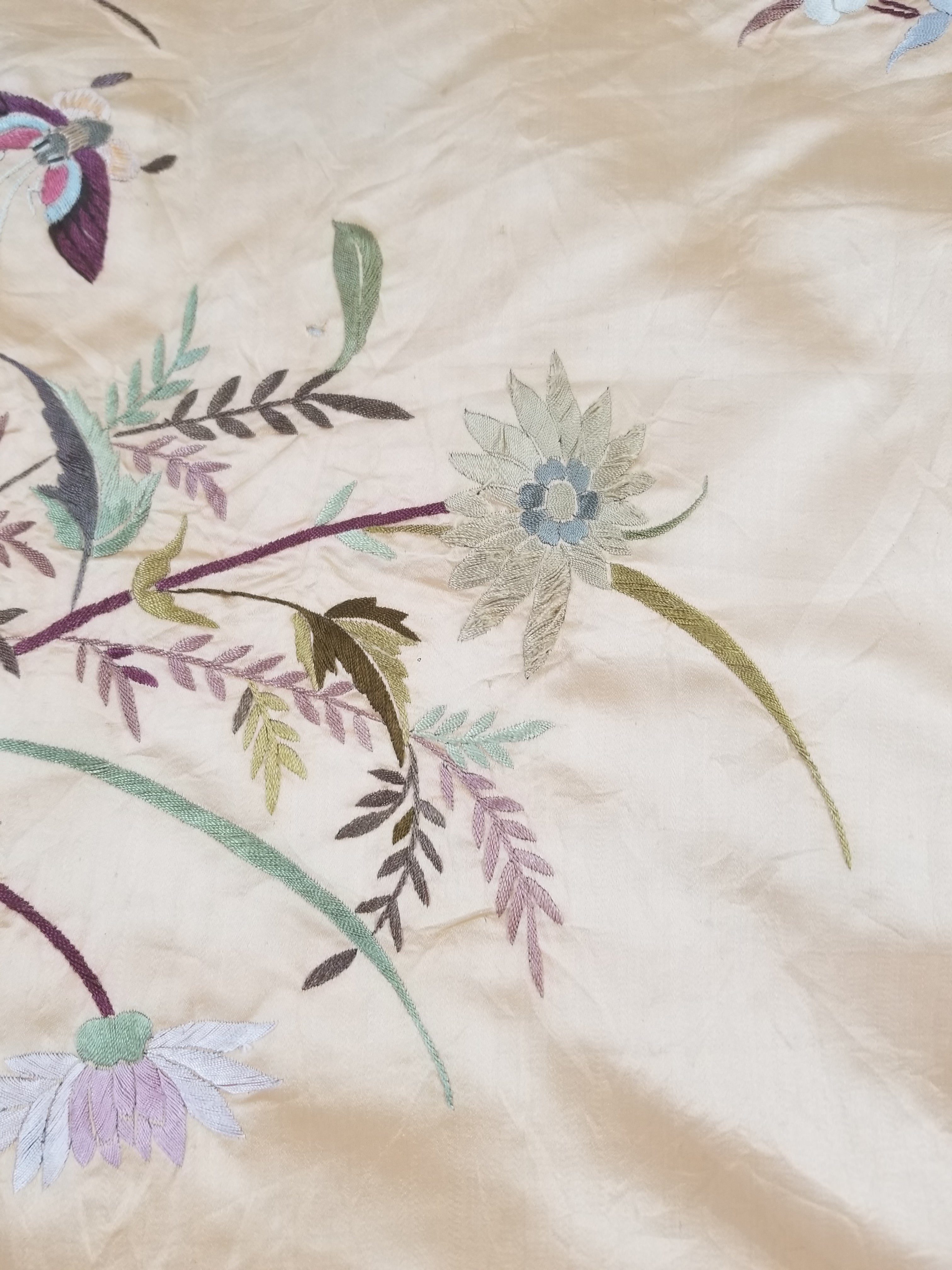 Vintage Chinese Hand Embroidered Floral & Bird Motif Silk Piano Shawl 125x123cm