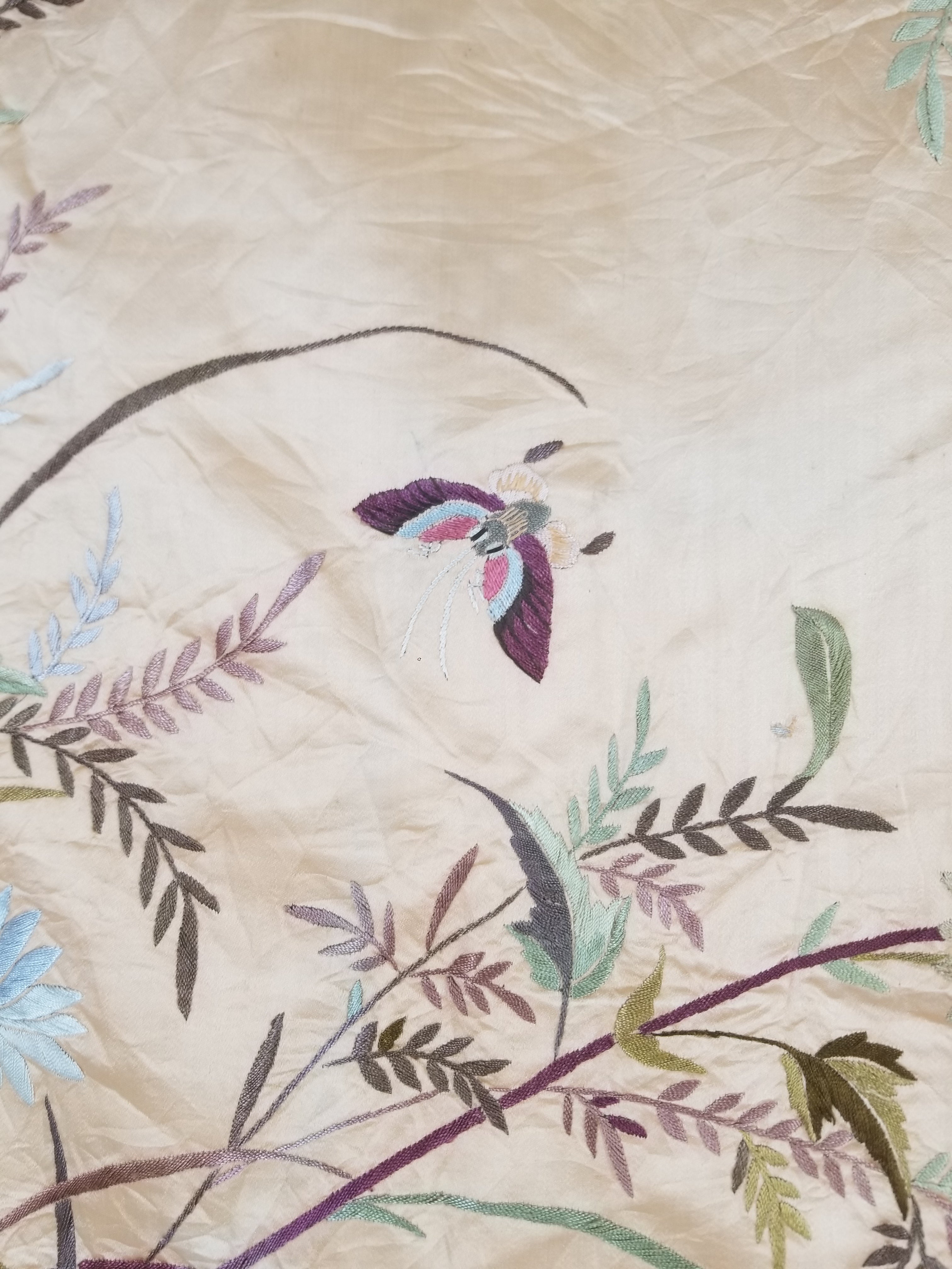 Vintage Chinese Hand Embroidered Floral & Bird Motif Silk Piano Shawl 125x123cm