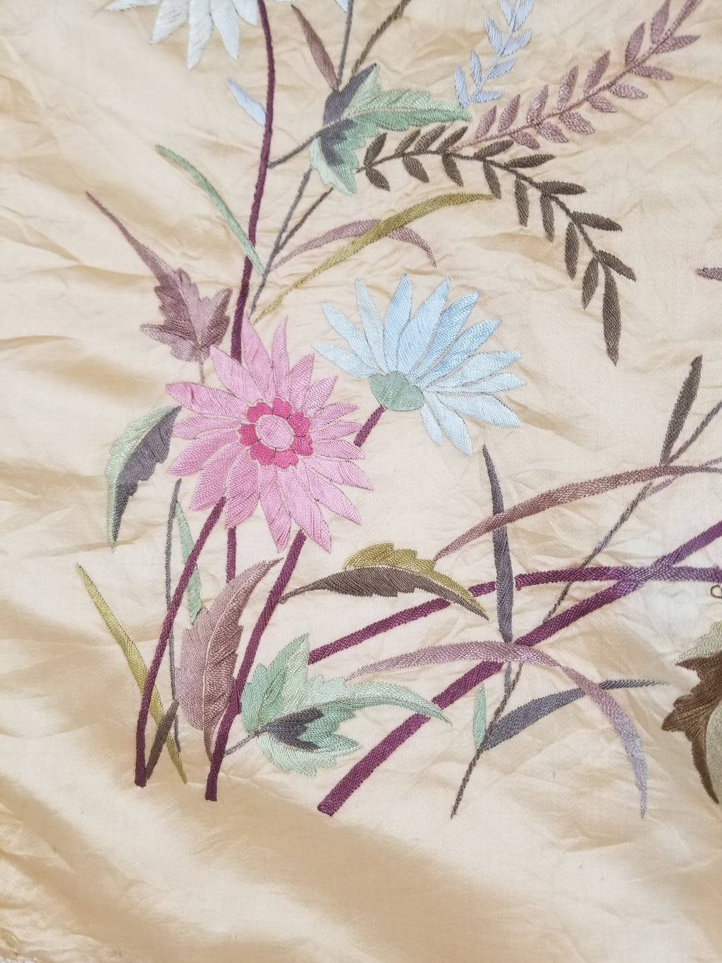 Vintage Chinese Hand Embroidered Floral & Bird Motif Silk Piano Shawl 125x123cm