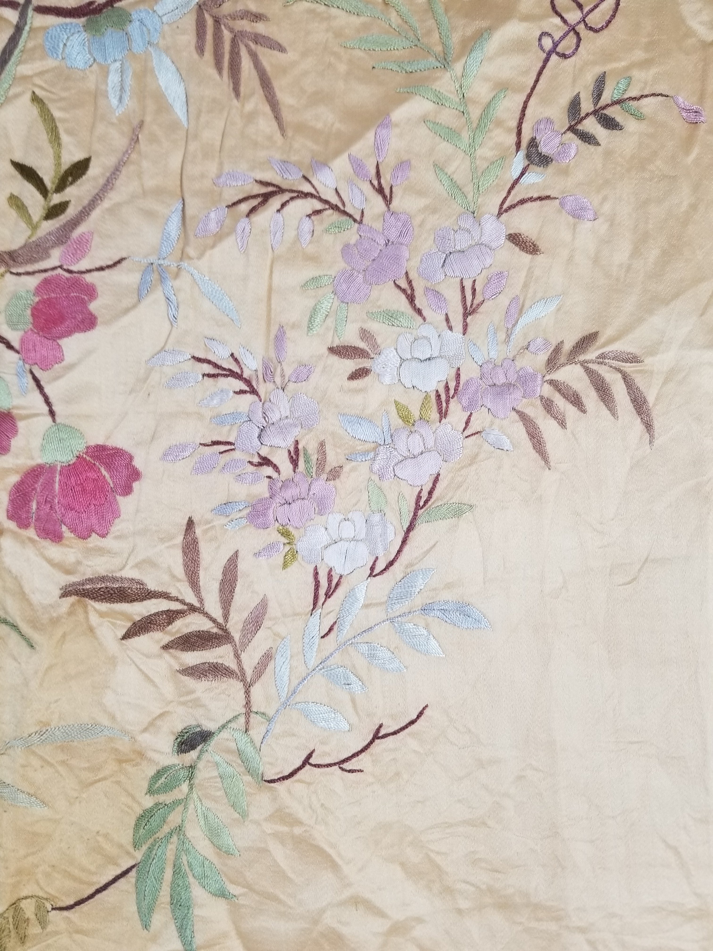 Vintage Chinese Hand Embroidered Floral & Bird Motif Silk Piano Shawl 125x123cm
