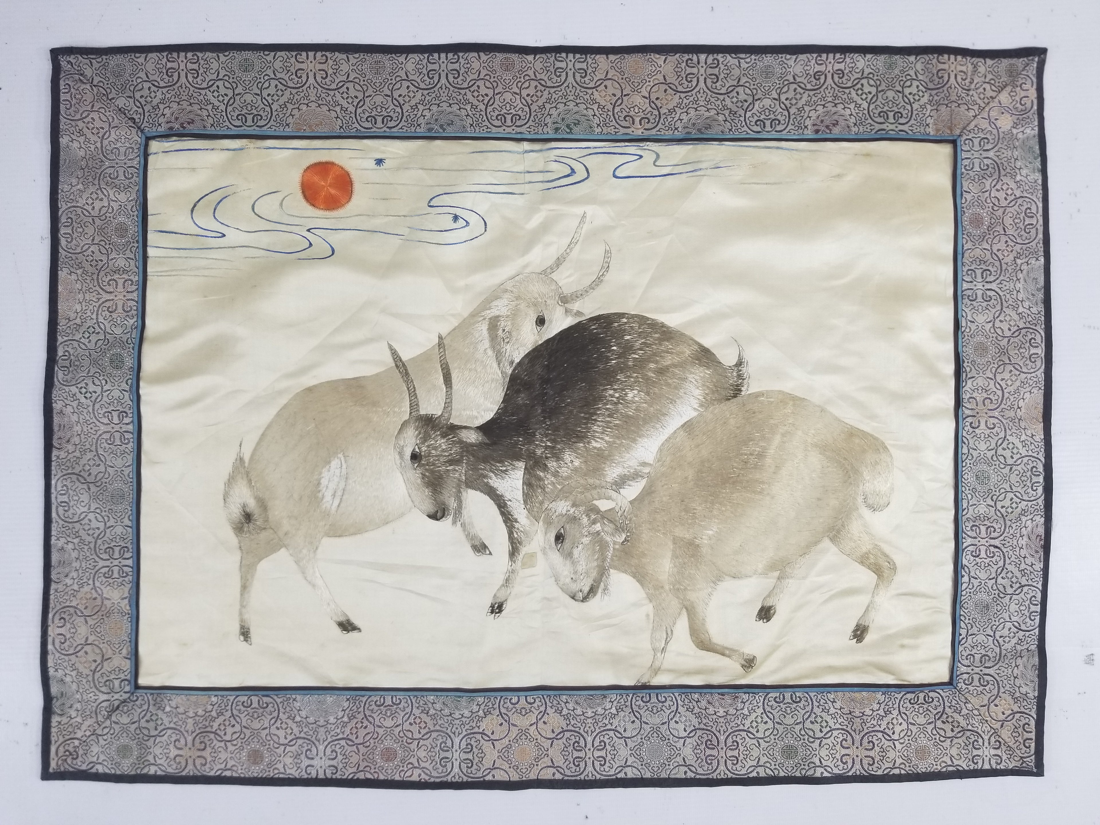 Vintage Chinese Silk Embroidered Sanyang Kaitai Theme Tapestry 69x51cm