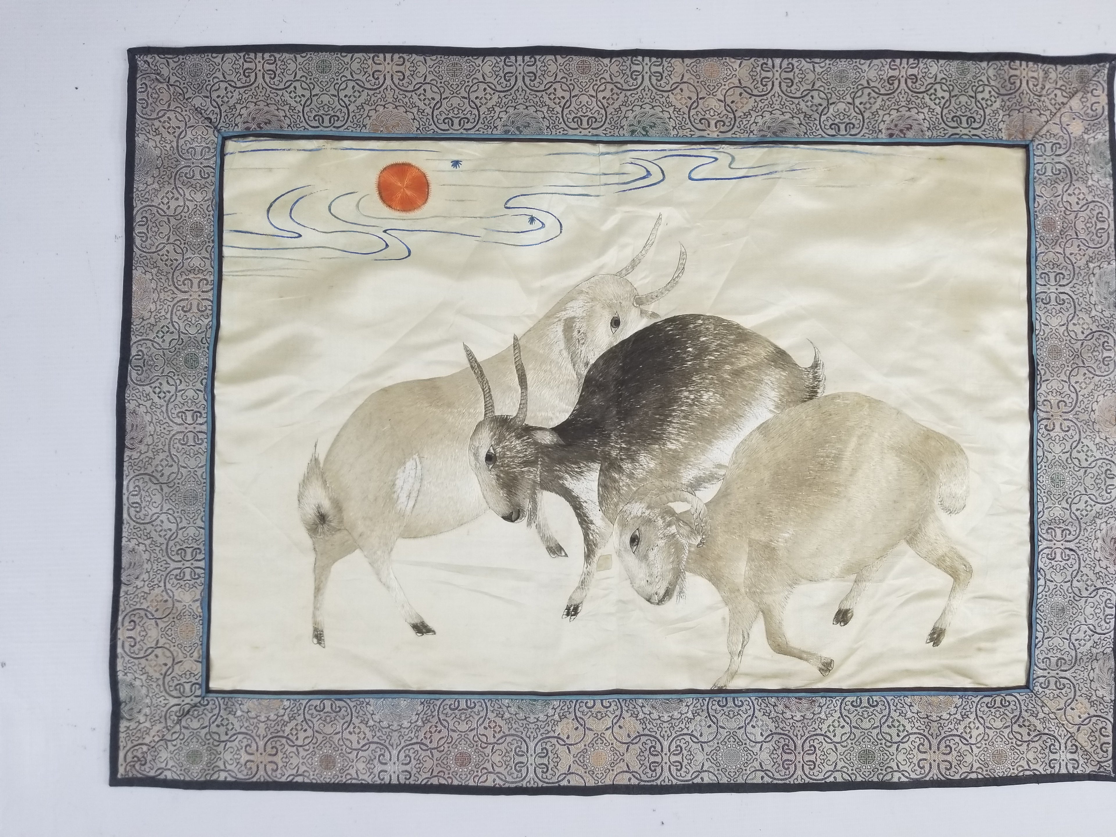 Vintage Chinese Silk Embroidered Sanyang Kaitai Theme Tapestry 69x51cm