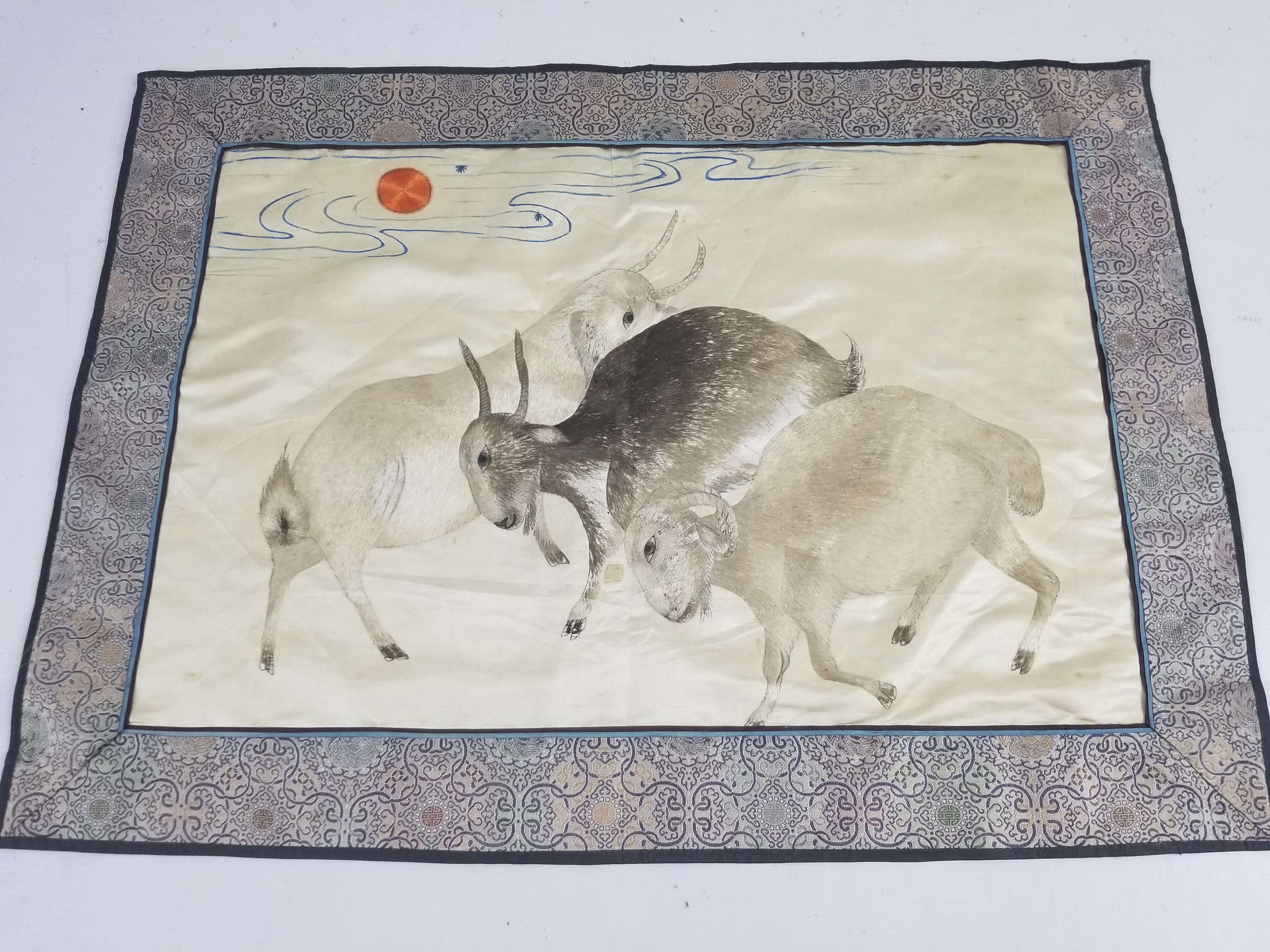 Vintage Chinese Silk Embroidered Sanyang Kaitai Theme Tapestry 69x51cm