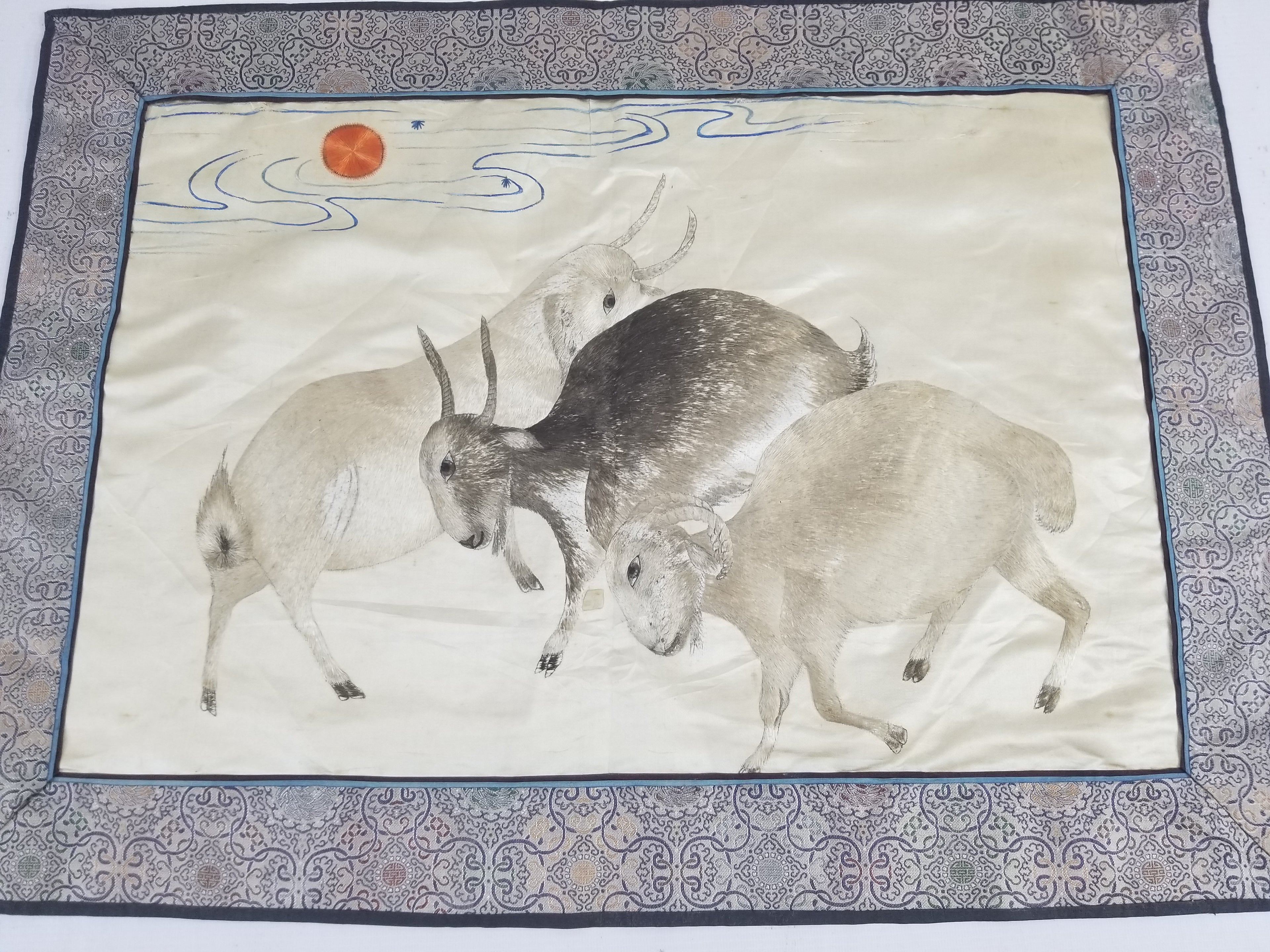 Vintage Chinese Silk Embroidered Sanyang Kaitai Theme Tapestry 69x51cm