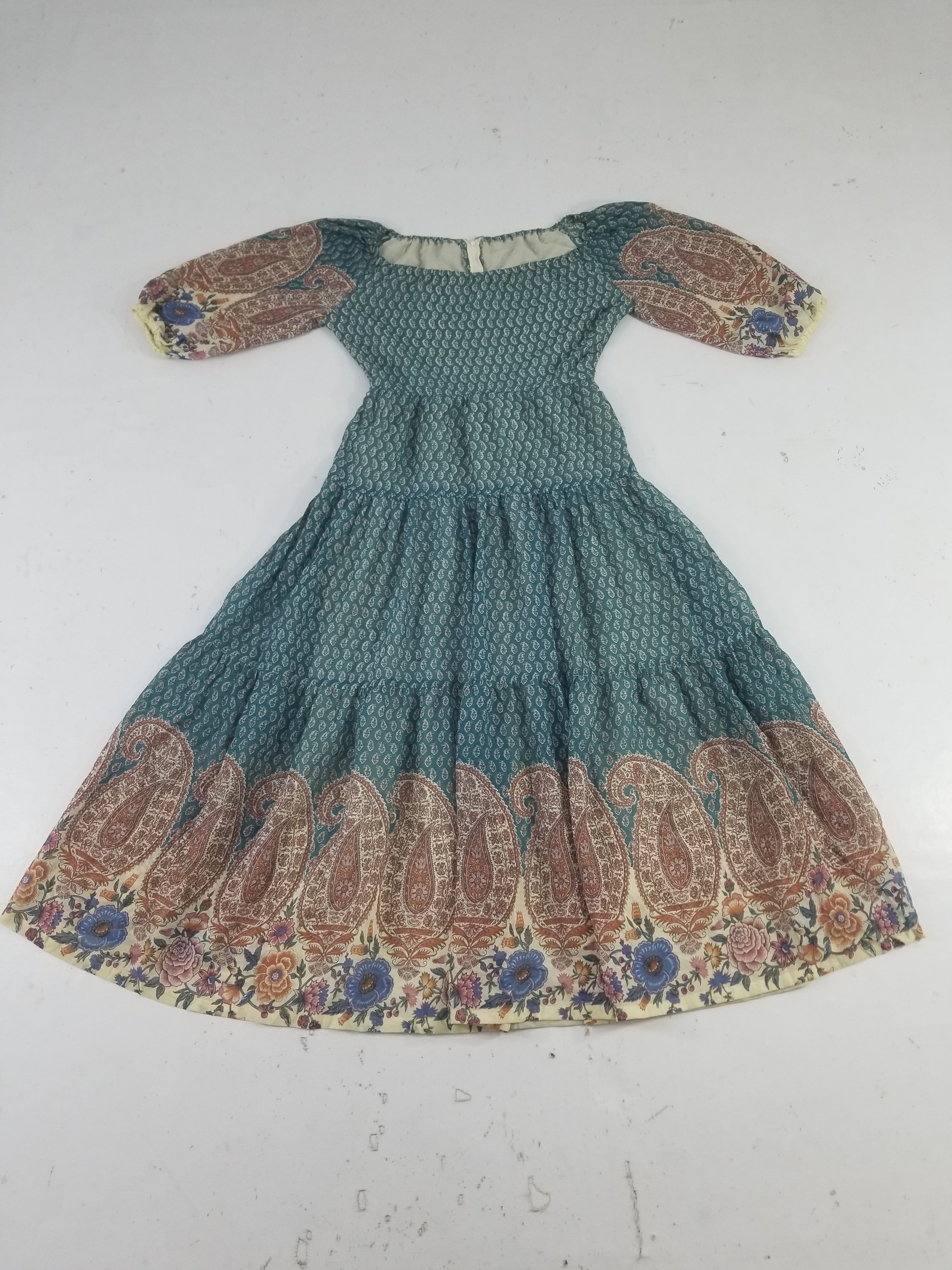 Vintage European Block Print Paisley & Floral Maxi Dress