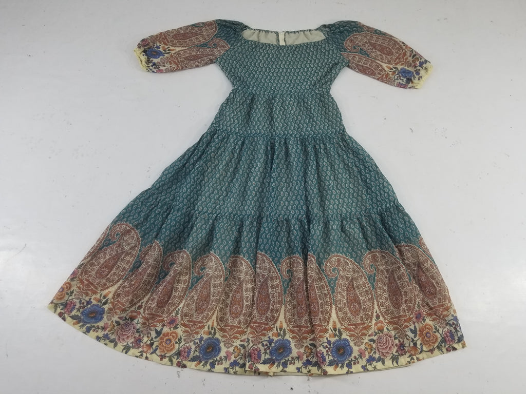Vintage European Block Print Paisley & Floral Maxi Dress