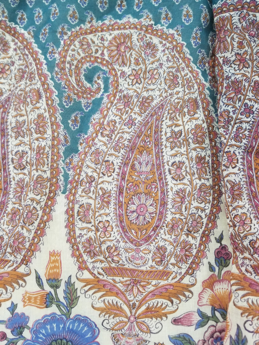 Vintage European Block Print Paisley & Floral Maxi Dress