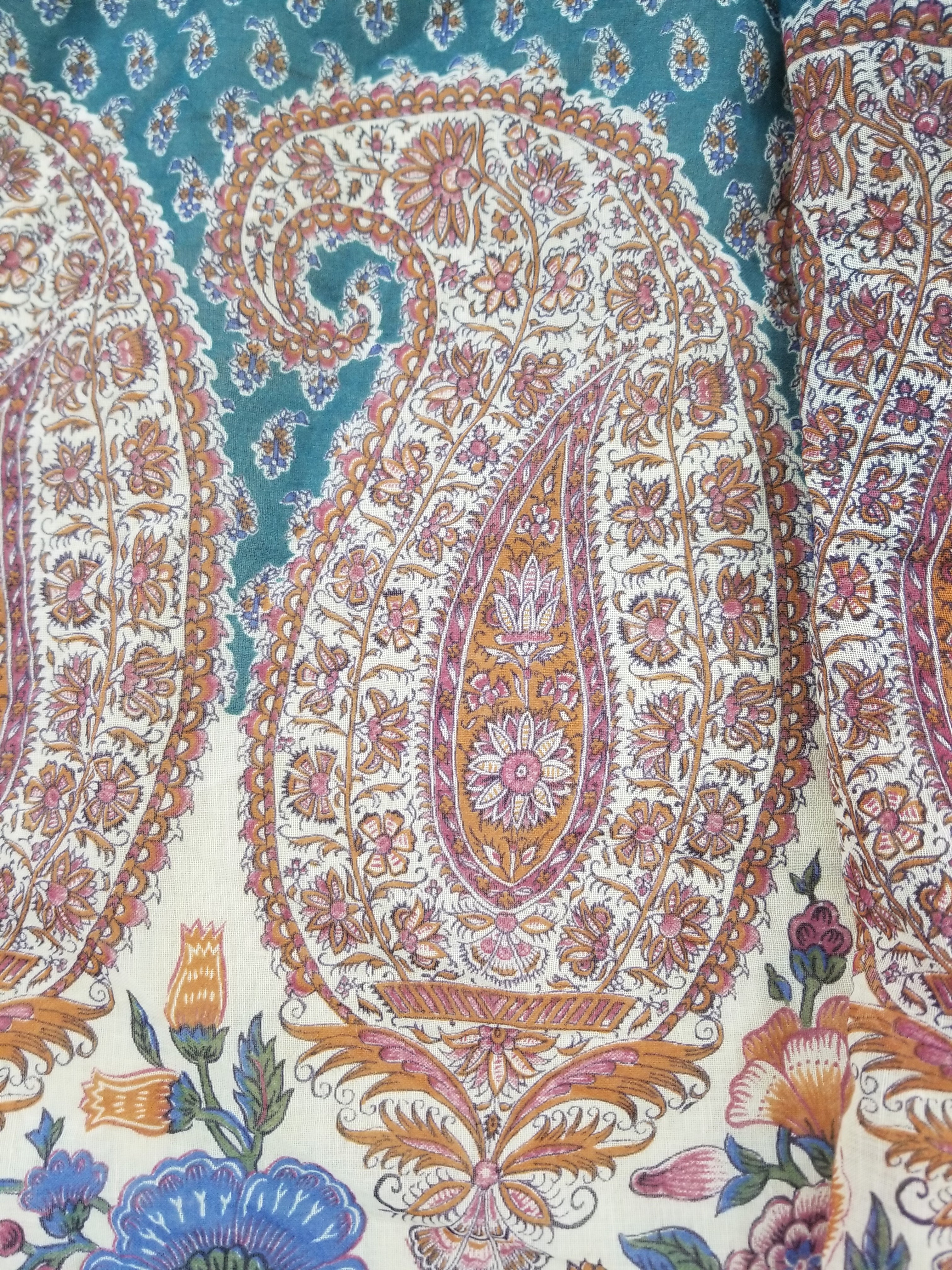 Vintage European Block Print Paisley & Floral Maxi Dress