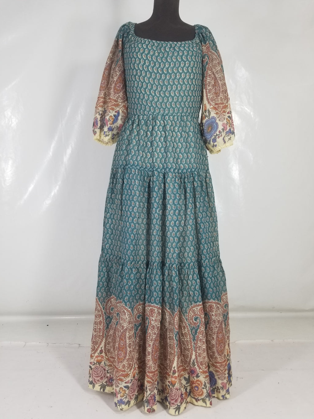 Vintage European Block Print Paisley & Floral Maxi Dress