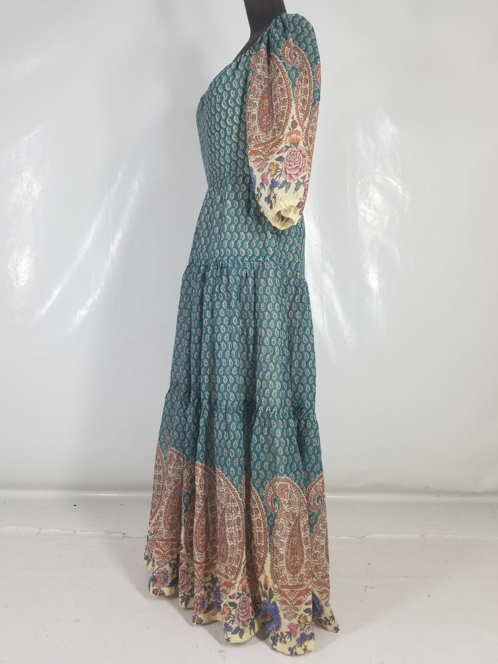 Vintage European Block Print Paisley & Floral Maxi Dress