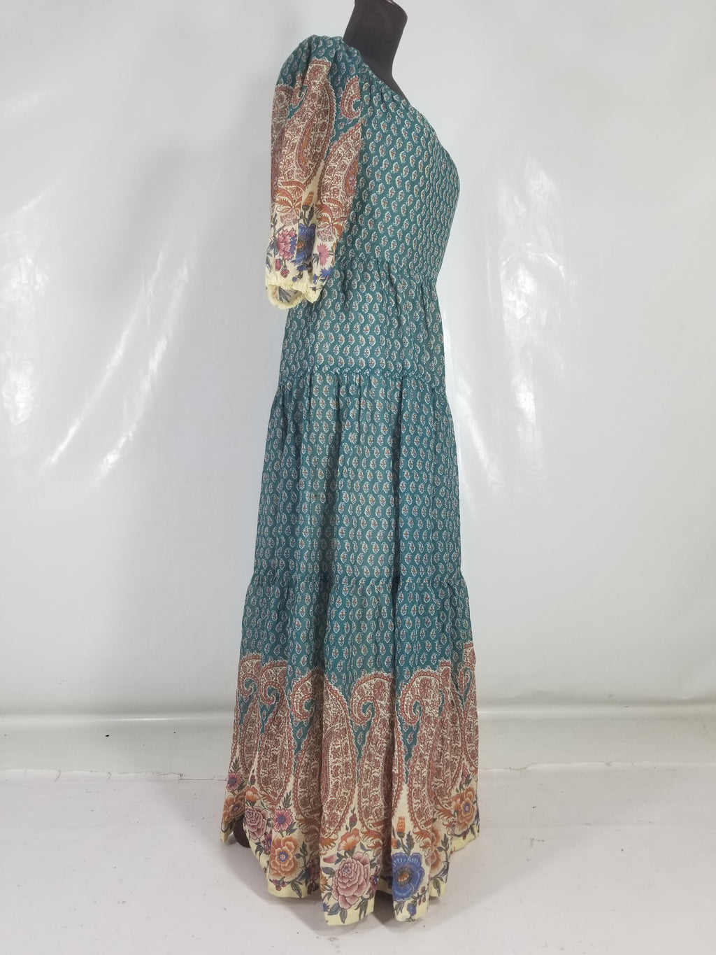 Vintage European Block Print Paisley & Floral Maxi Dress