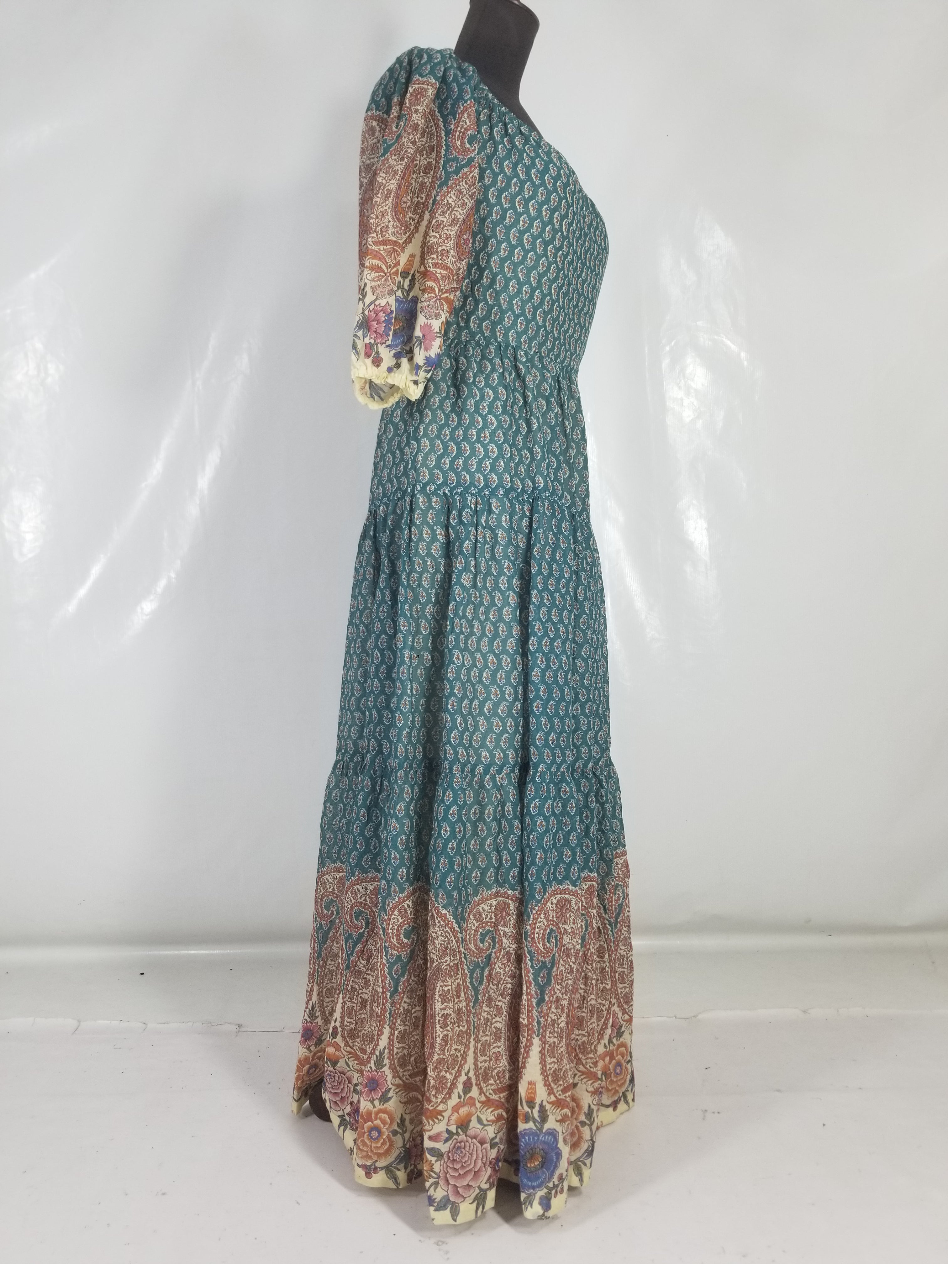 Vintage European Block Print Paisley & Floral Maxi Dress