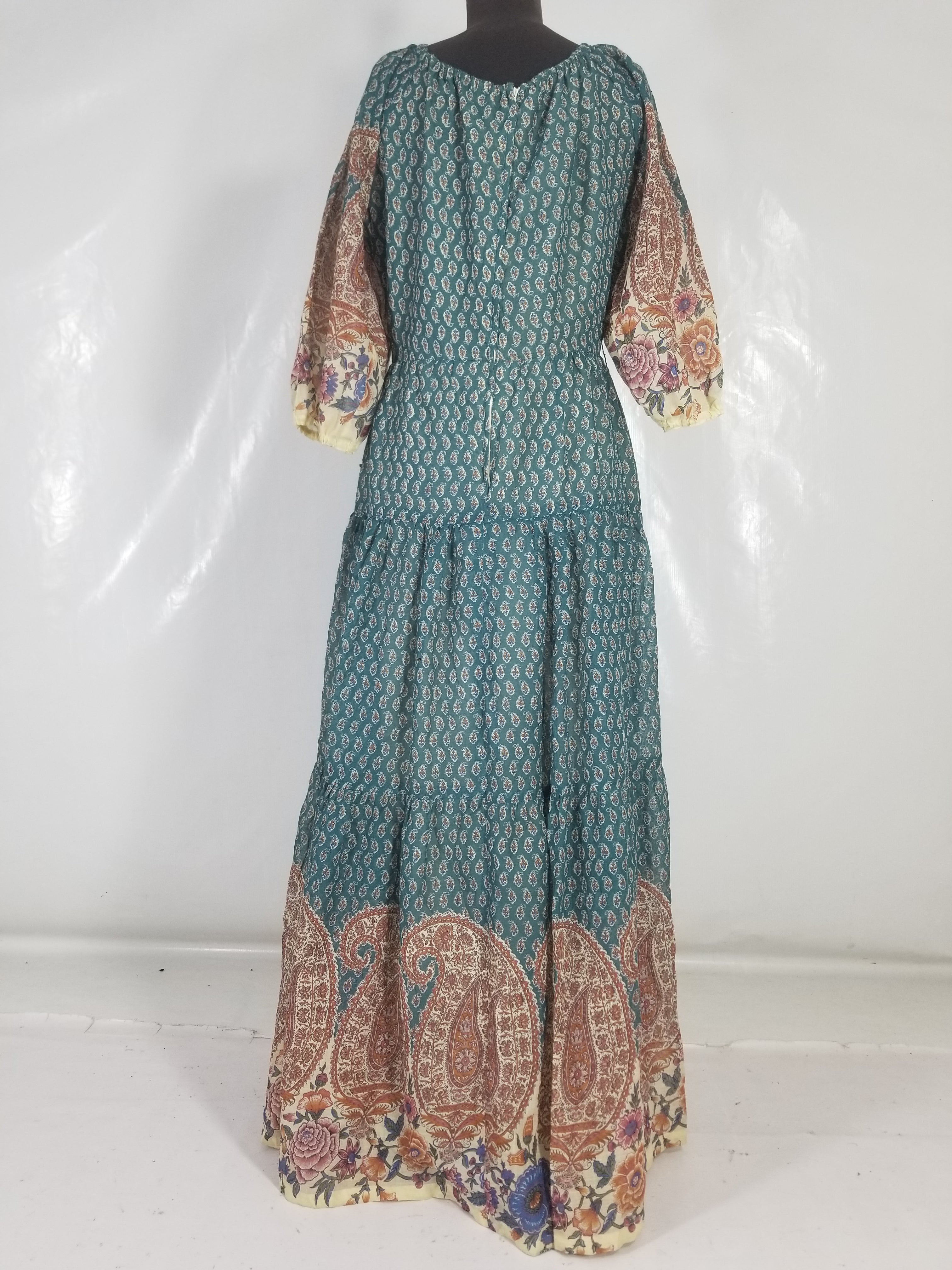 Vintage European Block Print Paisley & Floral Maxi Dress