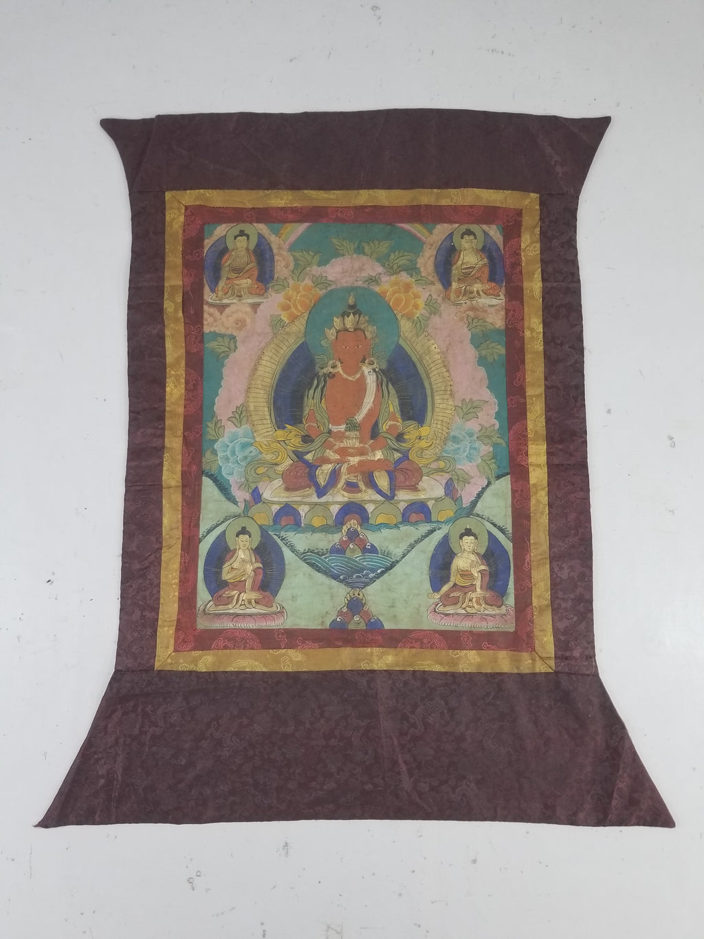 Vintage Tibetan Hand Painted Amitayus Thangka Wall Hanging 112x72cm