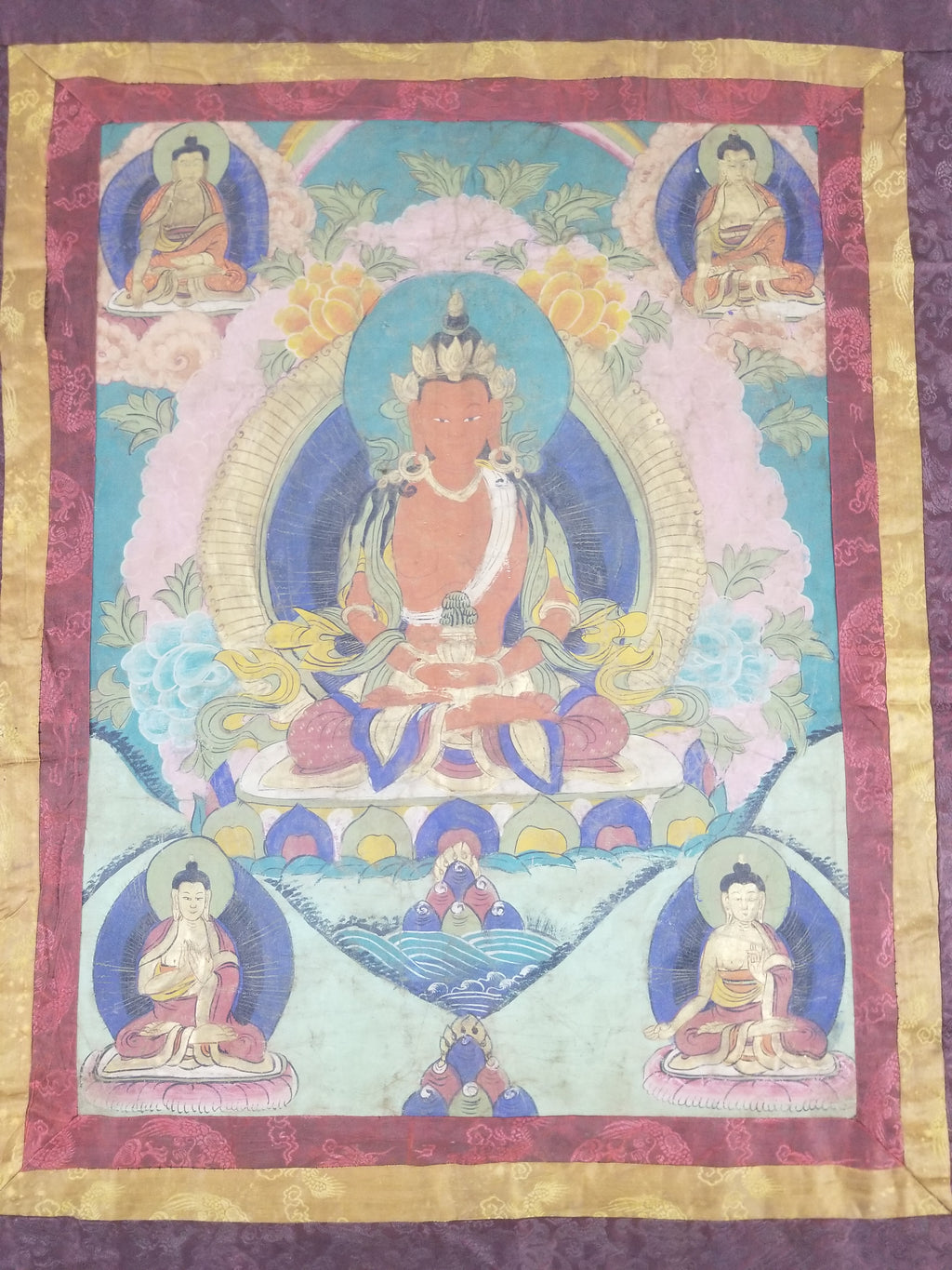 Vintage Tibetan Hand Painted Amitayus Thangka Wall Hanging 112x72cm