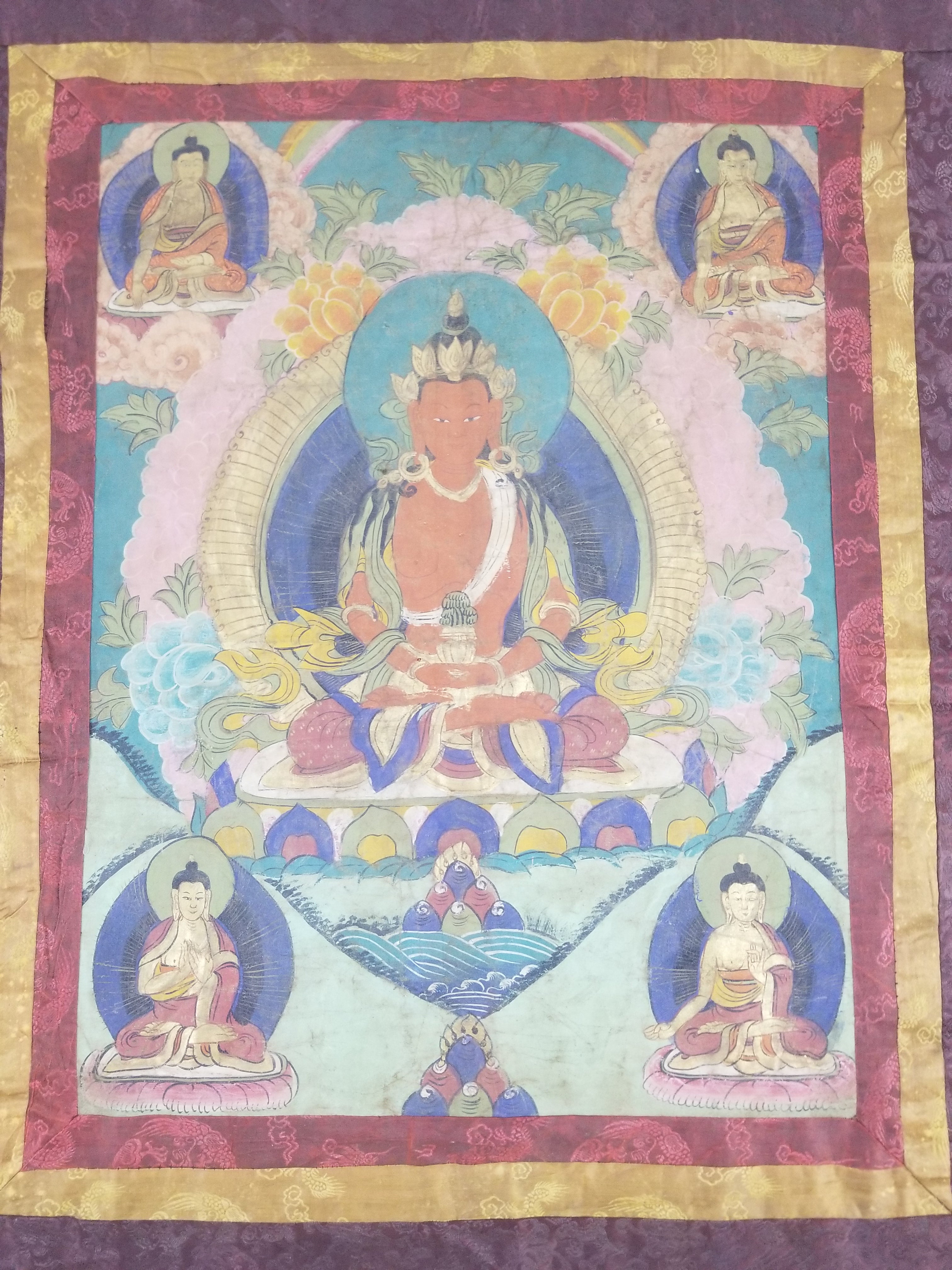Vintage Tibetan Hand Painted Amitayus Thangka Wall Hanging 112x72cm
