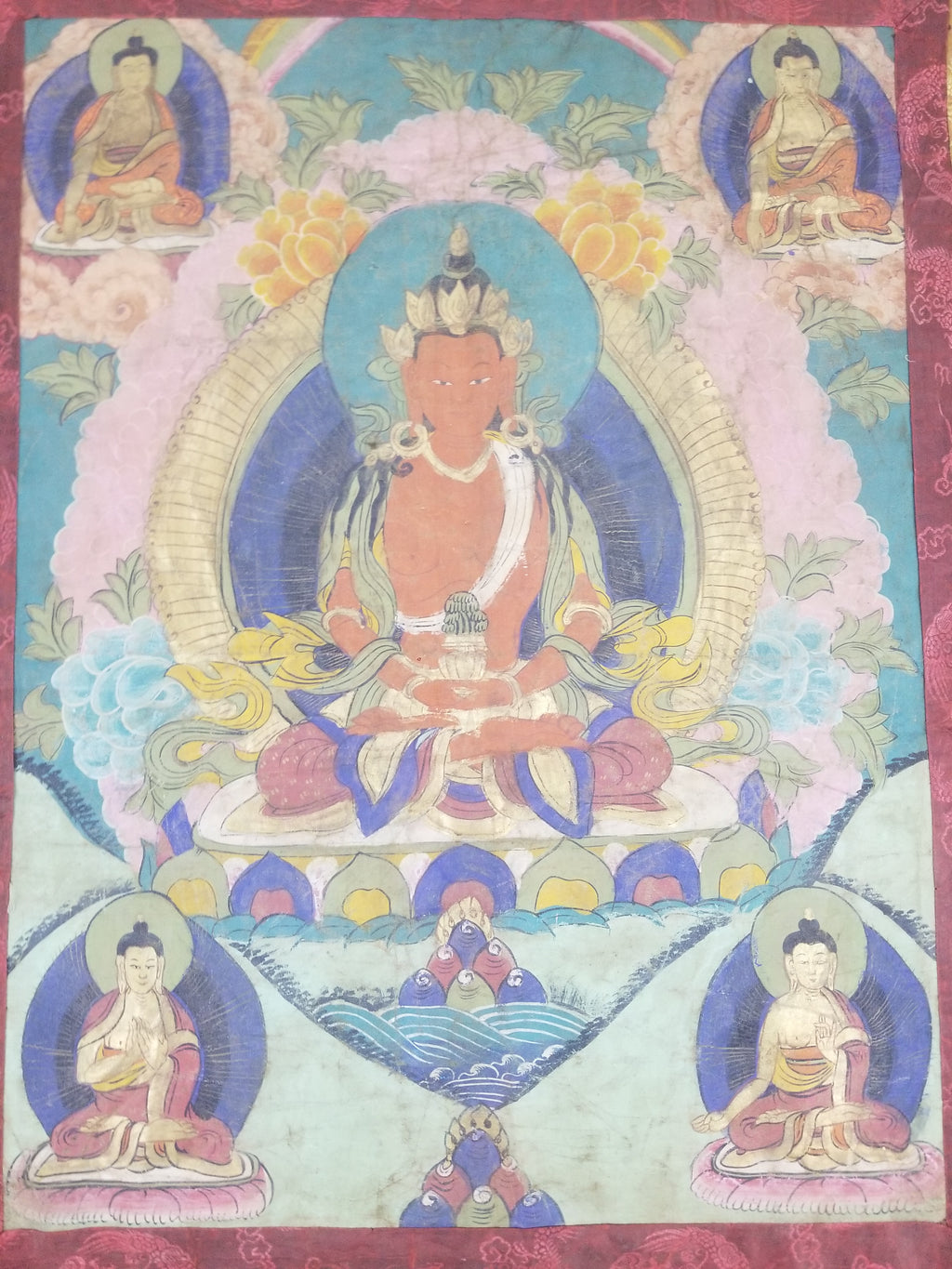 Vintage Tibetan Hand Painted Amitayus Thangka Wall Hanging 112x72cm