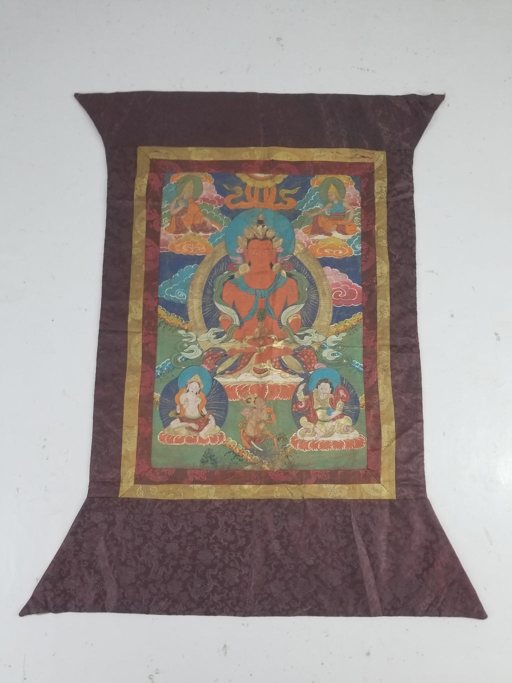 Antique Tibetan Hand Painted Amitayus Thangka Wall Hanging 113x69cm