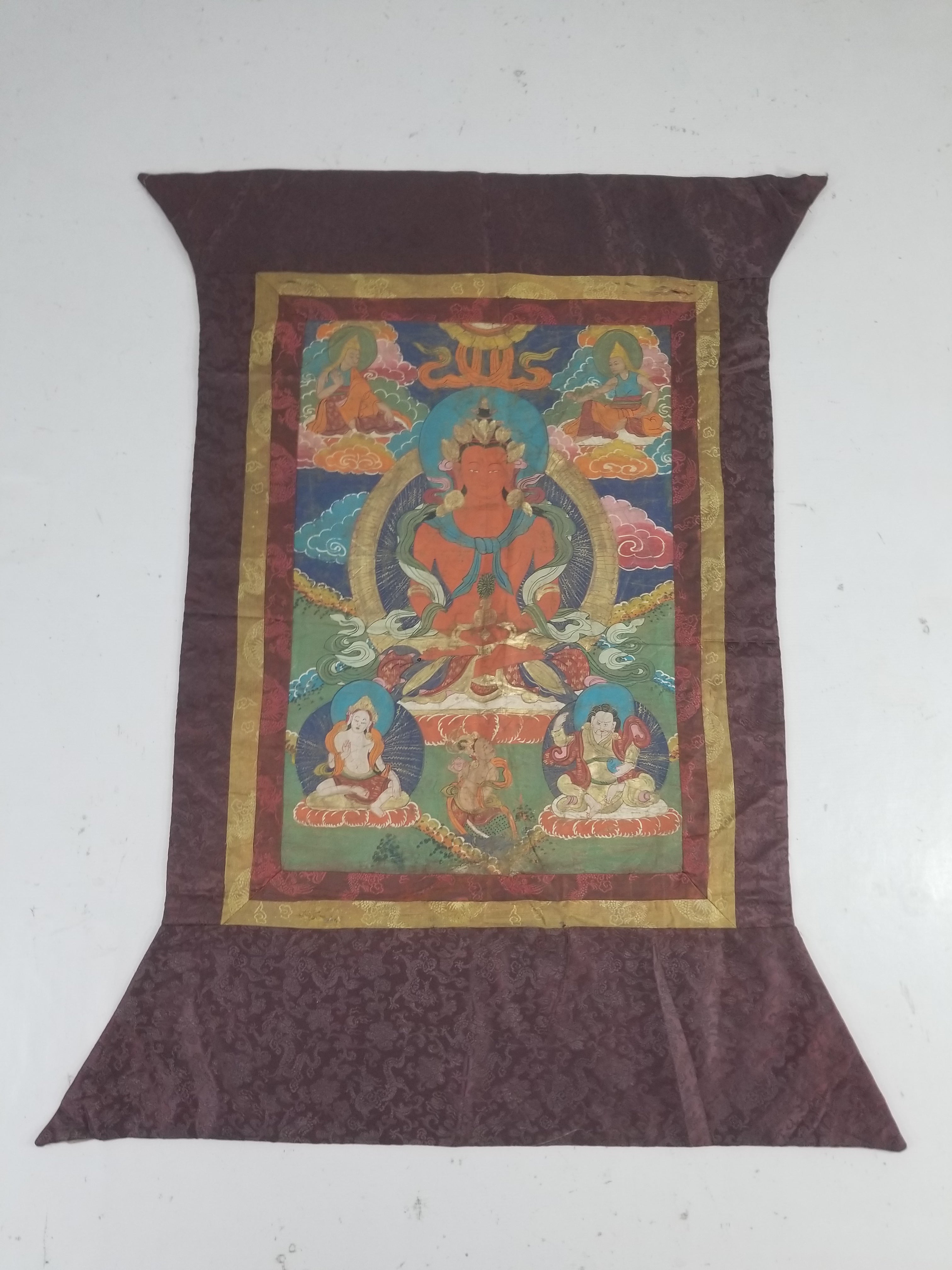 Antique Tibetan Hand Painted Amitayus Thangka Wall Hanging 113x69cm